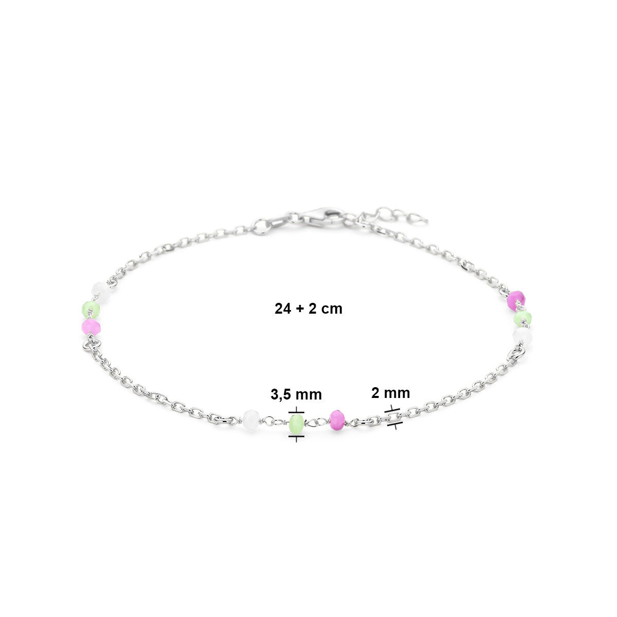 Enkelbandje meerdere kleuren kristal bolletjes 24 + 2 cm zilver gerhodineerd