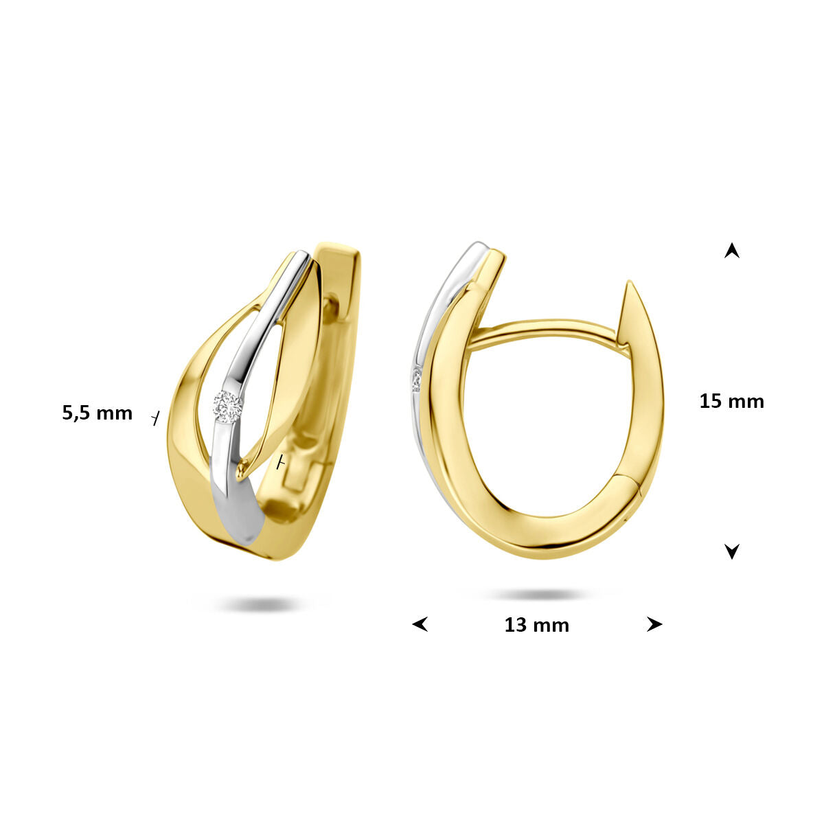 Klapoorringen lab grown diamant 0.03ct (2x 0.015ct) f vs 14K bicolor goud 15 mm
