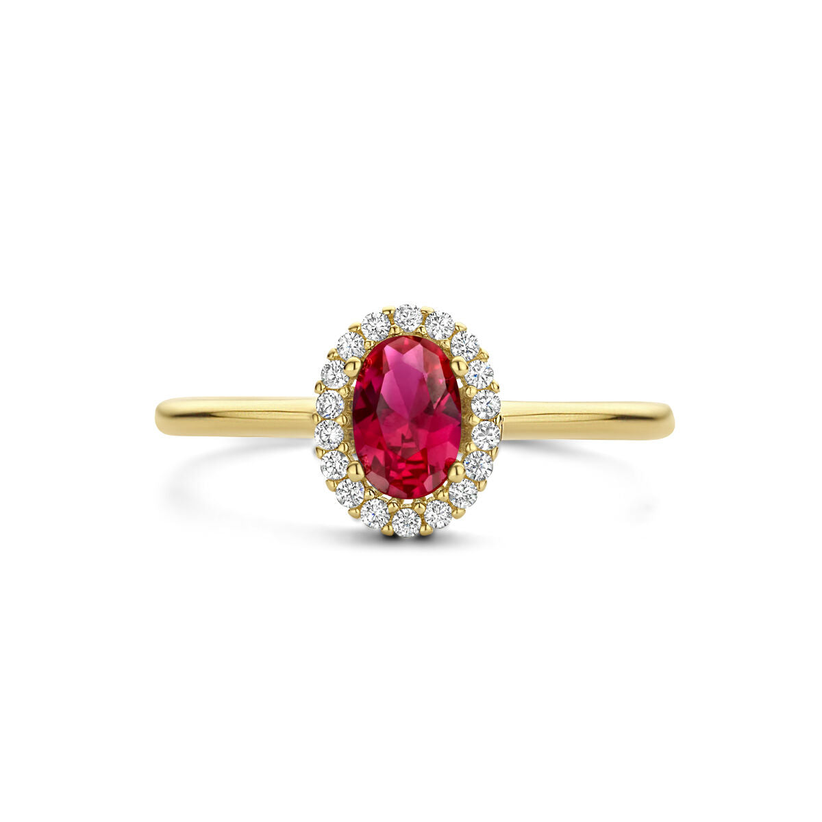 Fantasy Collection Ring rood en wit zirkonia halo 14K geelgoud