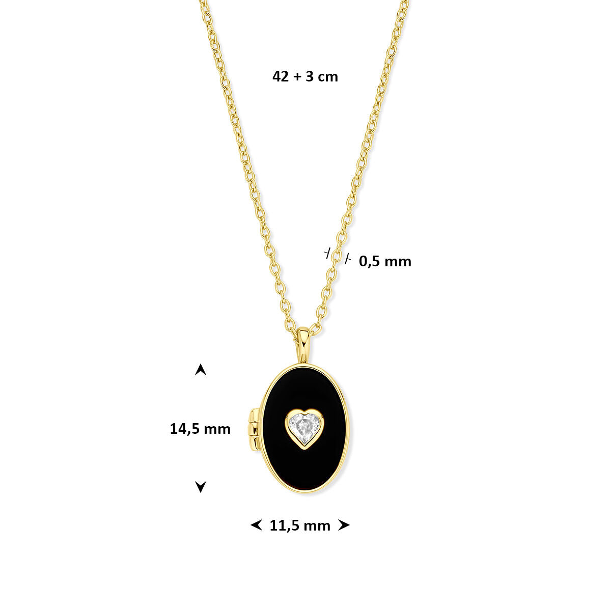 Fantasy Collection Collier hartje zirkonia en onyx medaillon 42 + 3 cm 3 micron zilver verguld (geel)