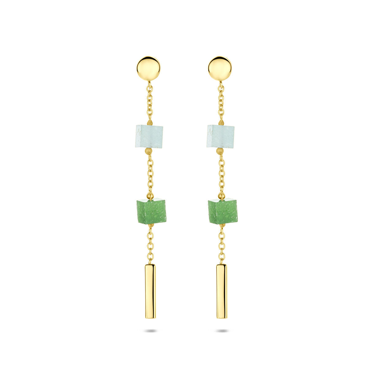 Fantasy Collection Hangende oorbellen blauw en groen kwartsiet 46 mm 14K geelgoud