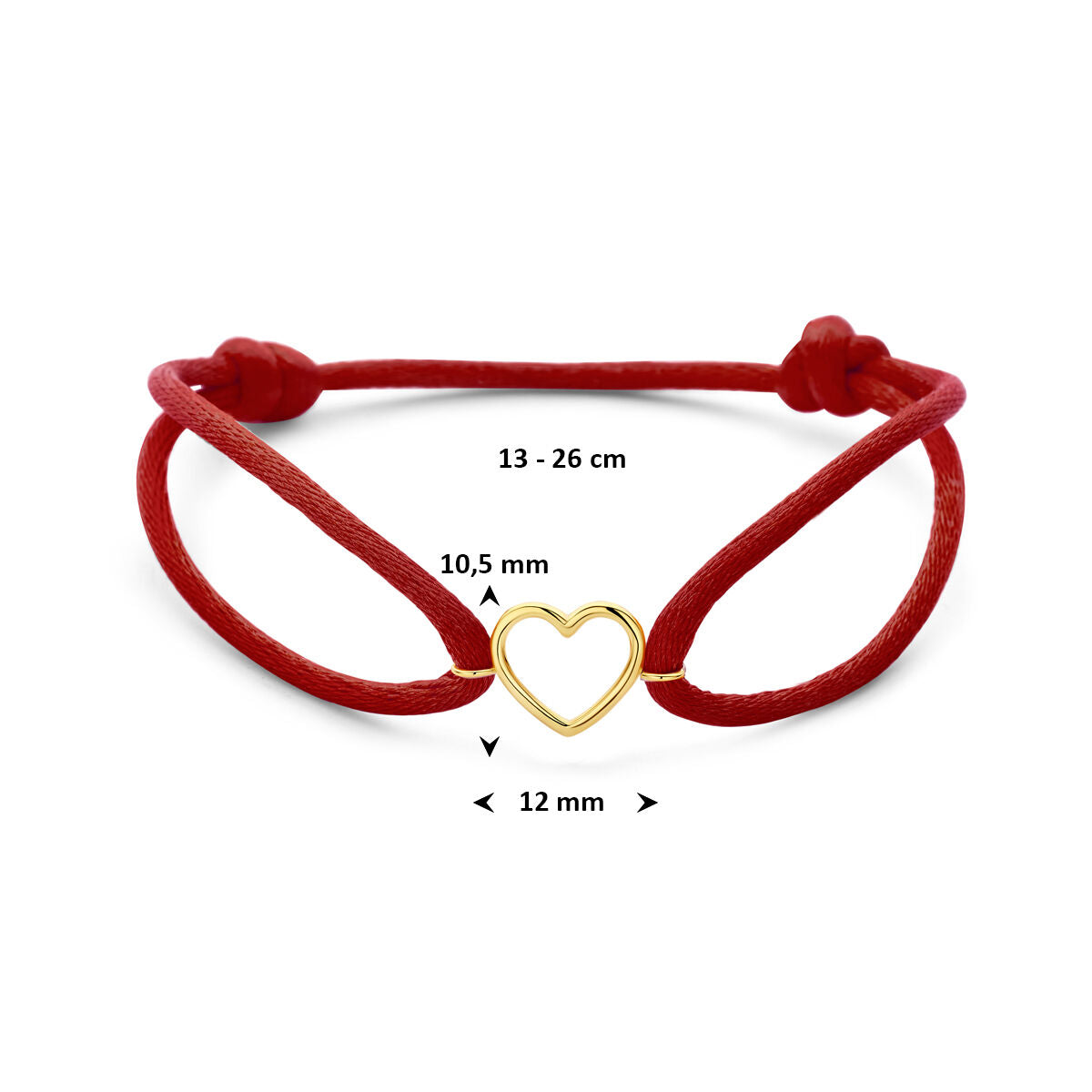 Armband rood satijn hartje 13 - 26 cm 14K goud met rubber/nylon/leer