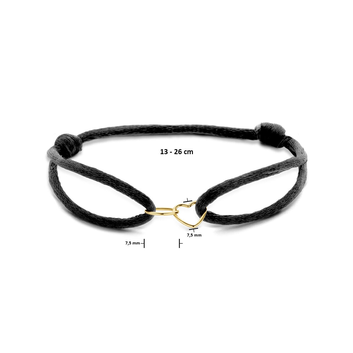 Armband satijn zwart hart en rondje 13 - 26 cm 14K goud met rubber/nylon/leer
