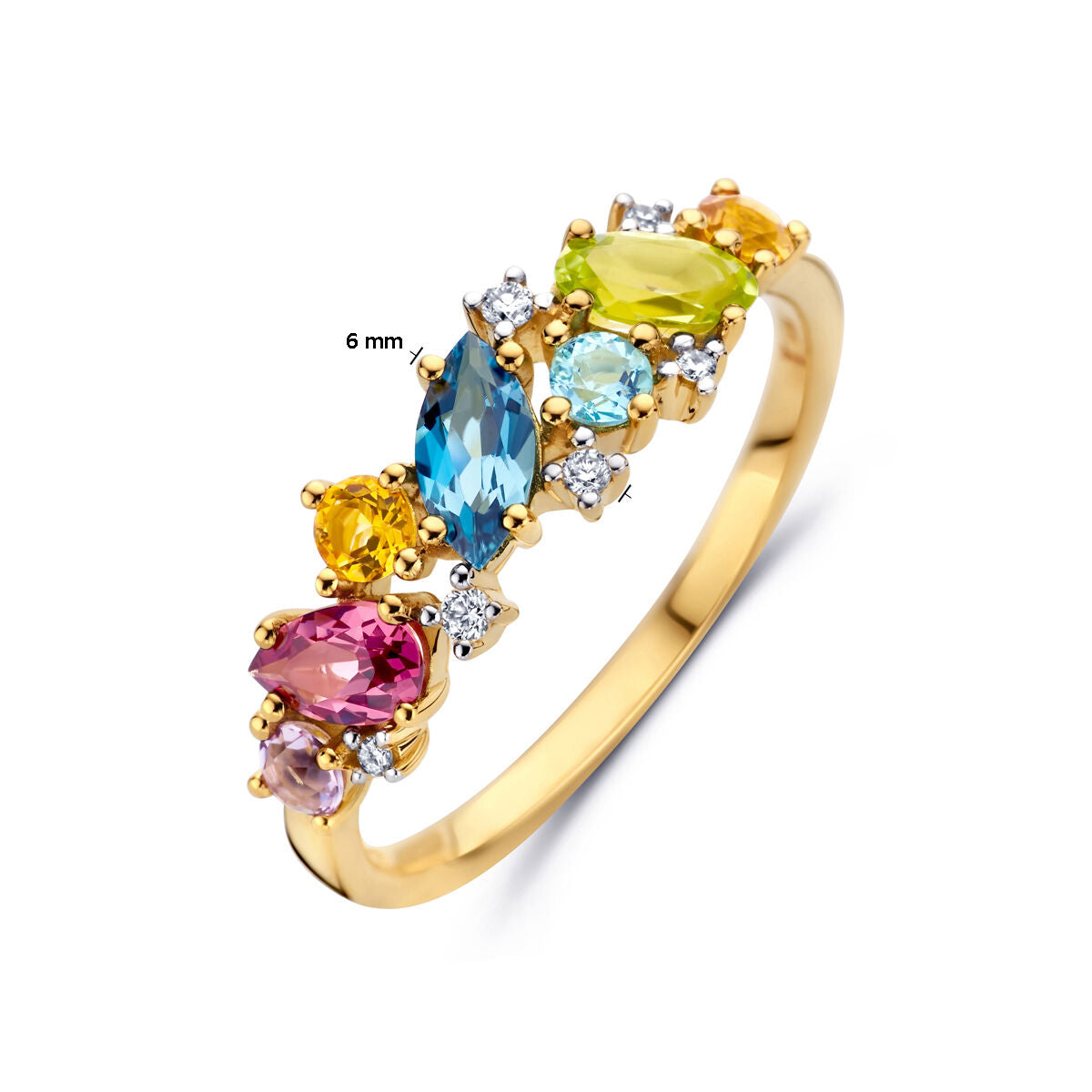 Ring natuurlijke kleurstenen en diamant 0.04ct h si 14K geelgoud