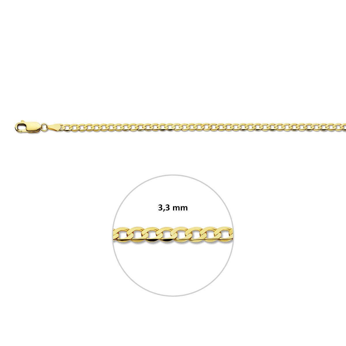 Armband gourmette wijd 6 zijdes geslepen 3,3 mm massief 9K geel