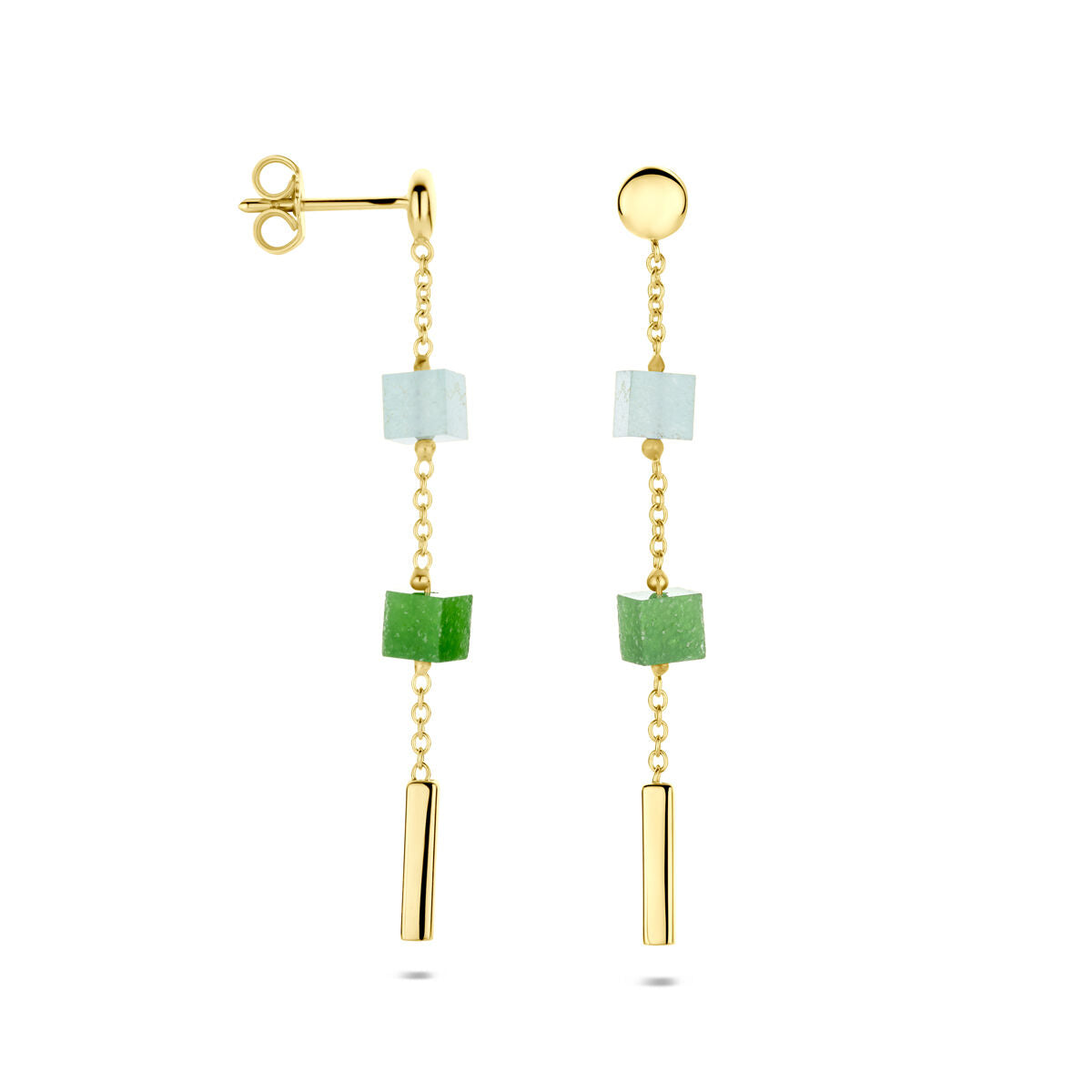 Fantasy Collection Hangende oorbellen blauw en groen kwartsiet 46 mm 14K geelgoud