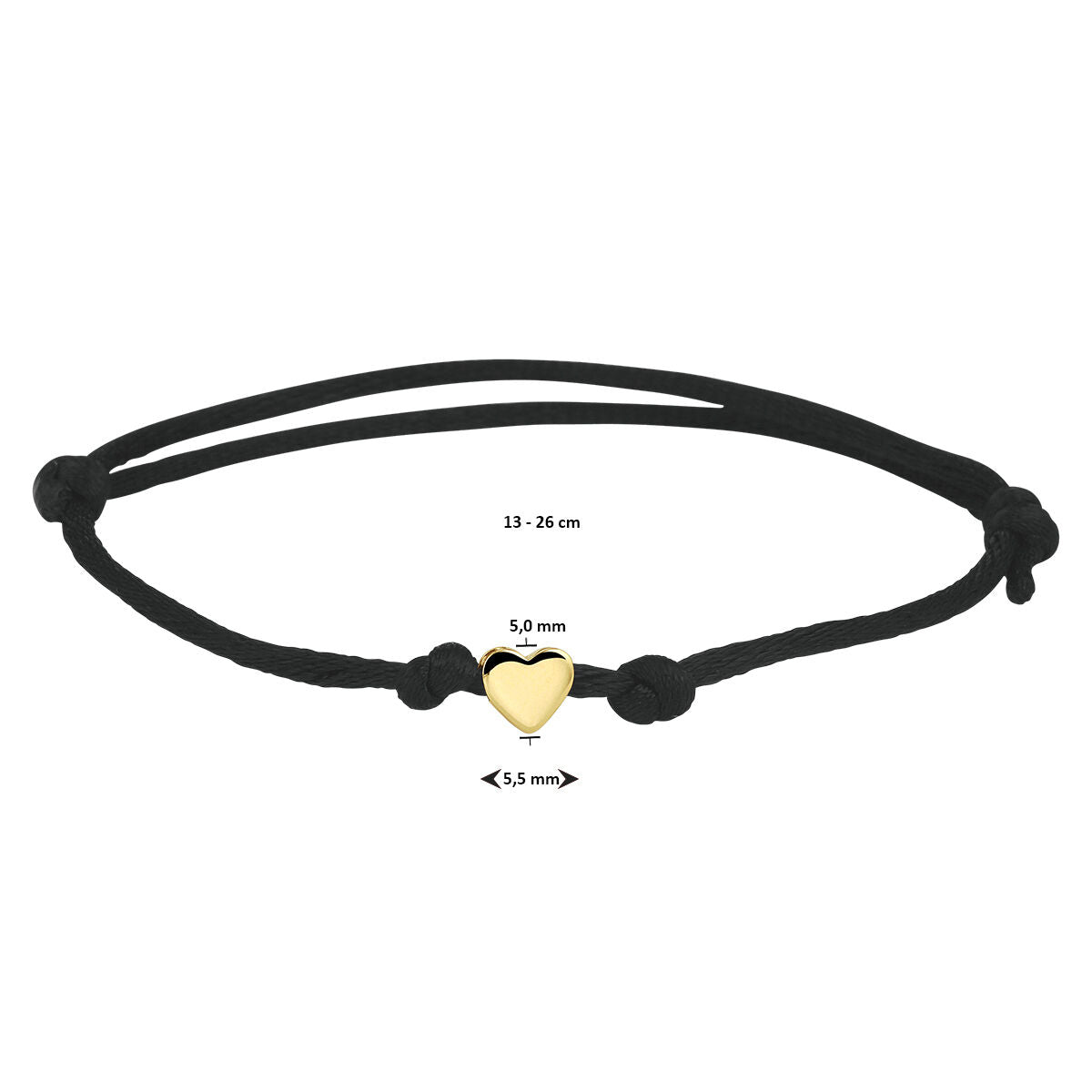 Armband satijn zwart hart 13 - 26 cm 14K goud met rubber/nylon/leer 5 x 5,5 mm – 4700090