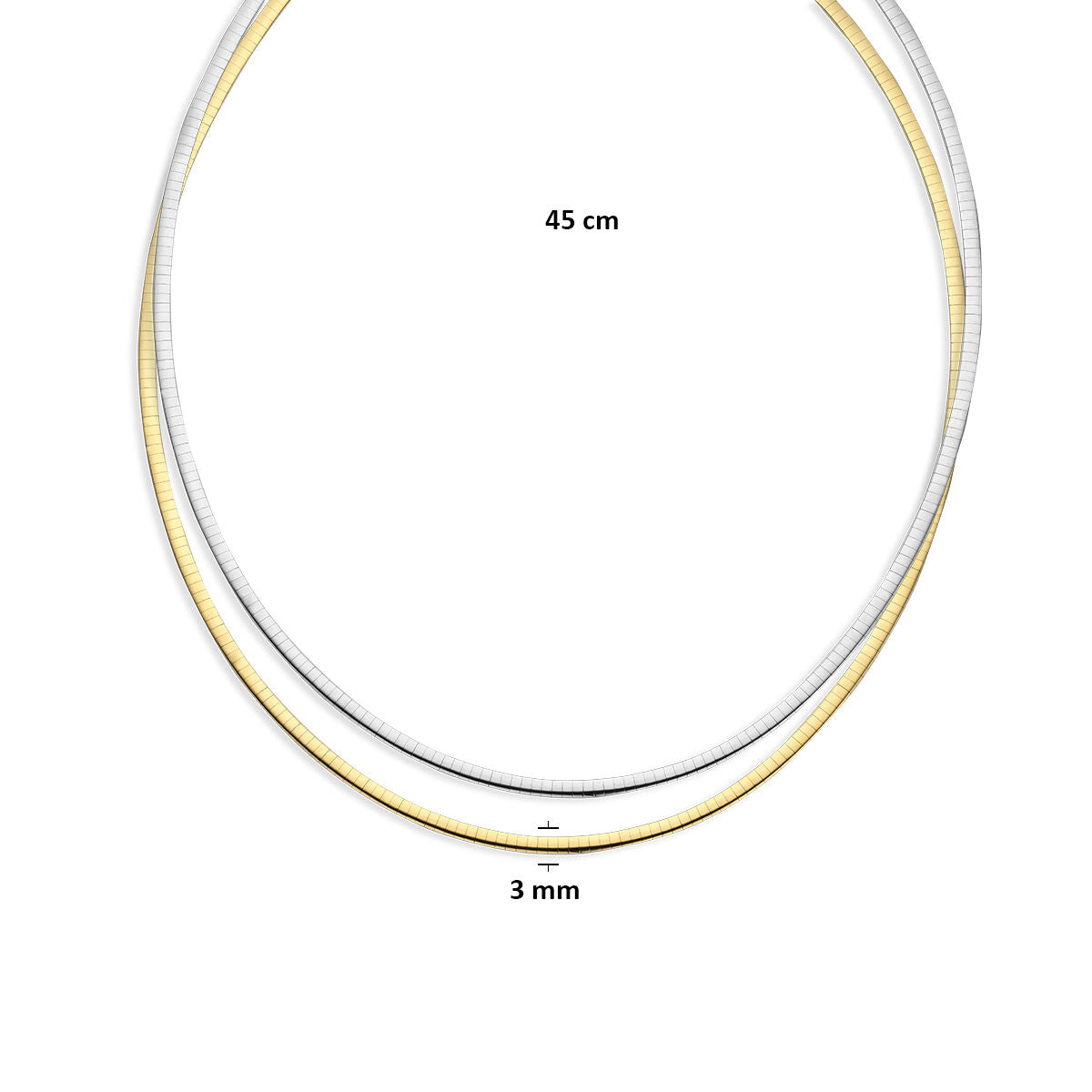 Collier omega dubbelzijdig 3 mm 14K bicolor goud 45 cm