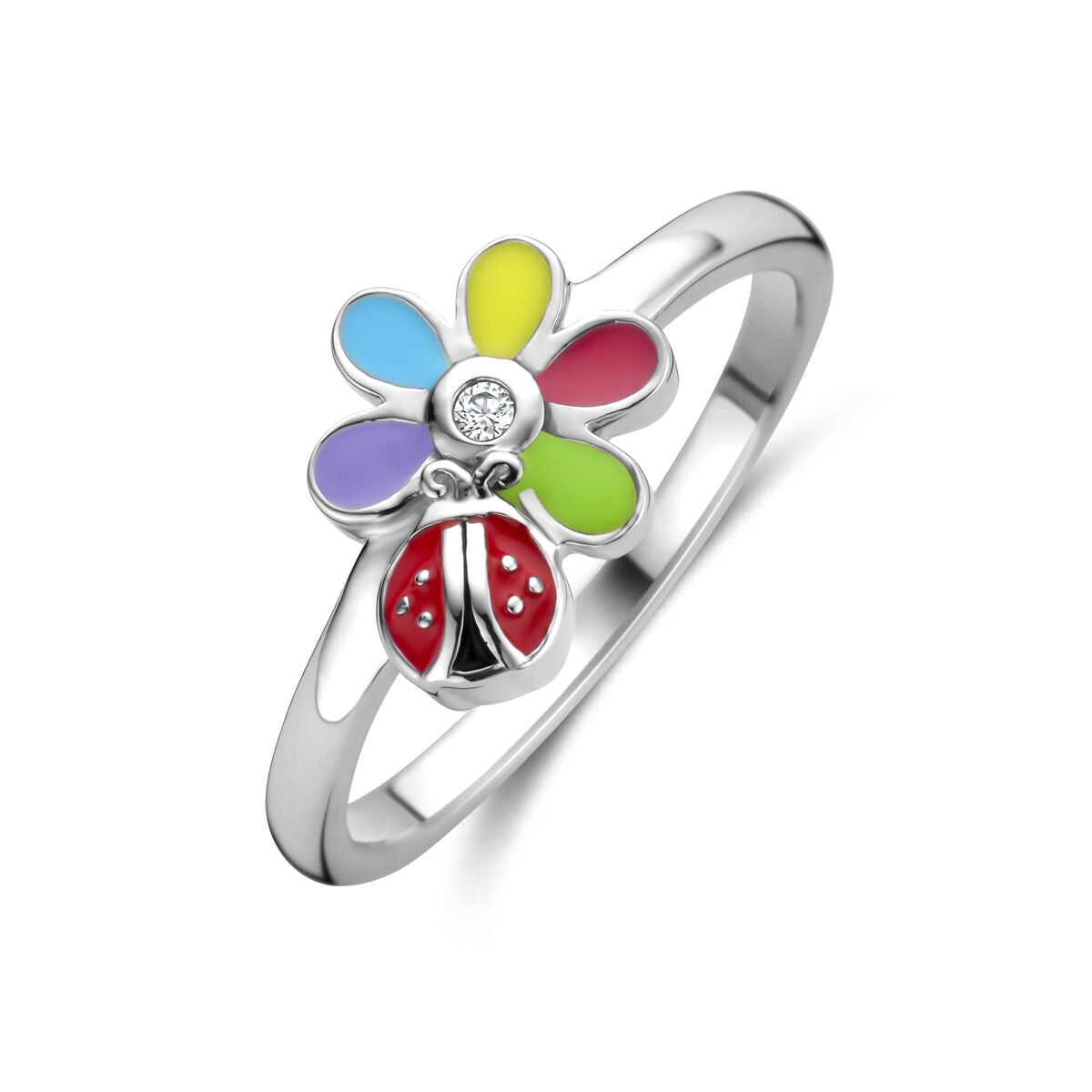 Fantasy Collection Ring zirkonia emaille bloem en lieveheersbeestje zilver