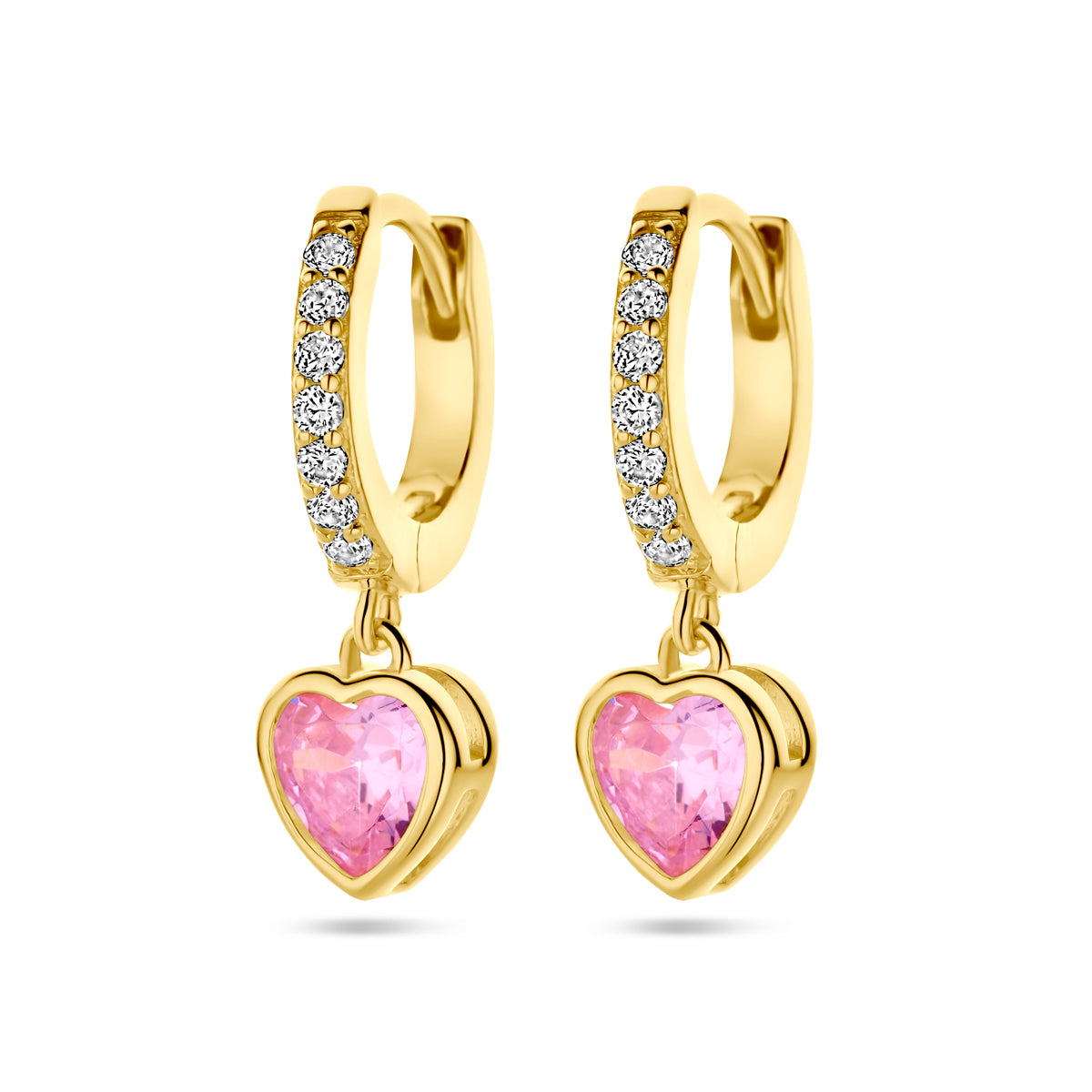 Fantasy Collection Oorbellen hart roze en wit zirkonia 20 mm 1 micron zilver verguld