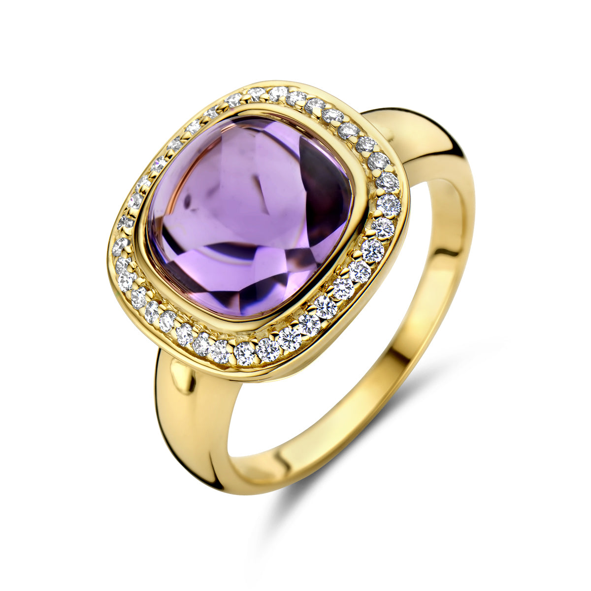 Fantasy Collection Ring amethist en diamant 0.20ct h si halo 14K geelgoud