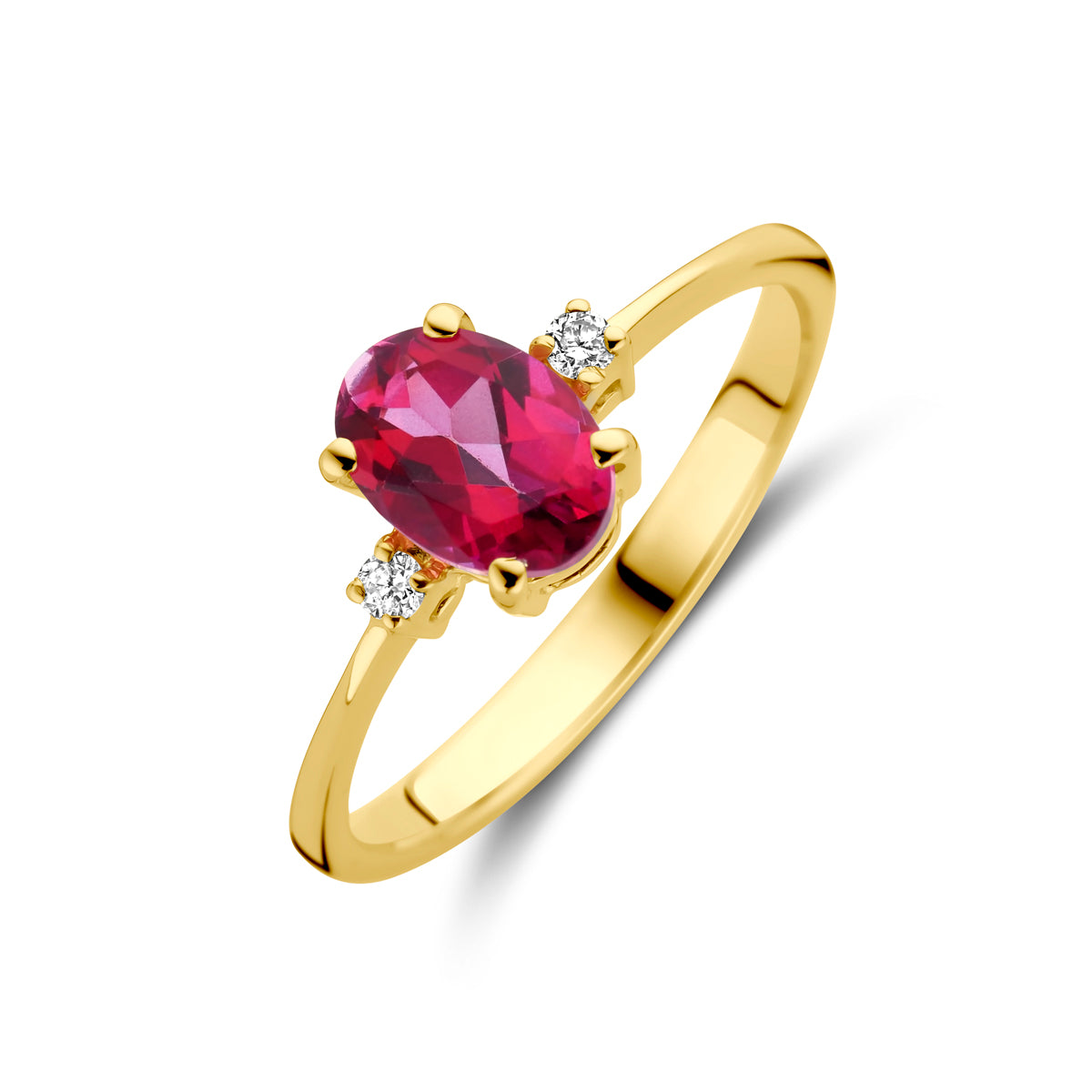 Fantasy Collection Ring trilogie roze topaas en diamant 0.04ct h si 14K geelgoud