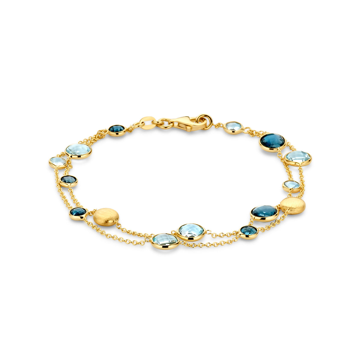 Fantasy Collection Armband rondjes, sky blue topaas en london blue topaas 19 cm 14K geelgoud