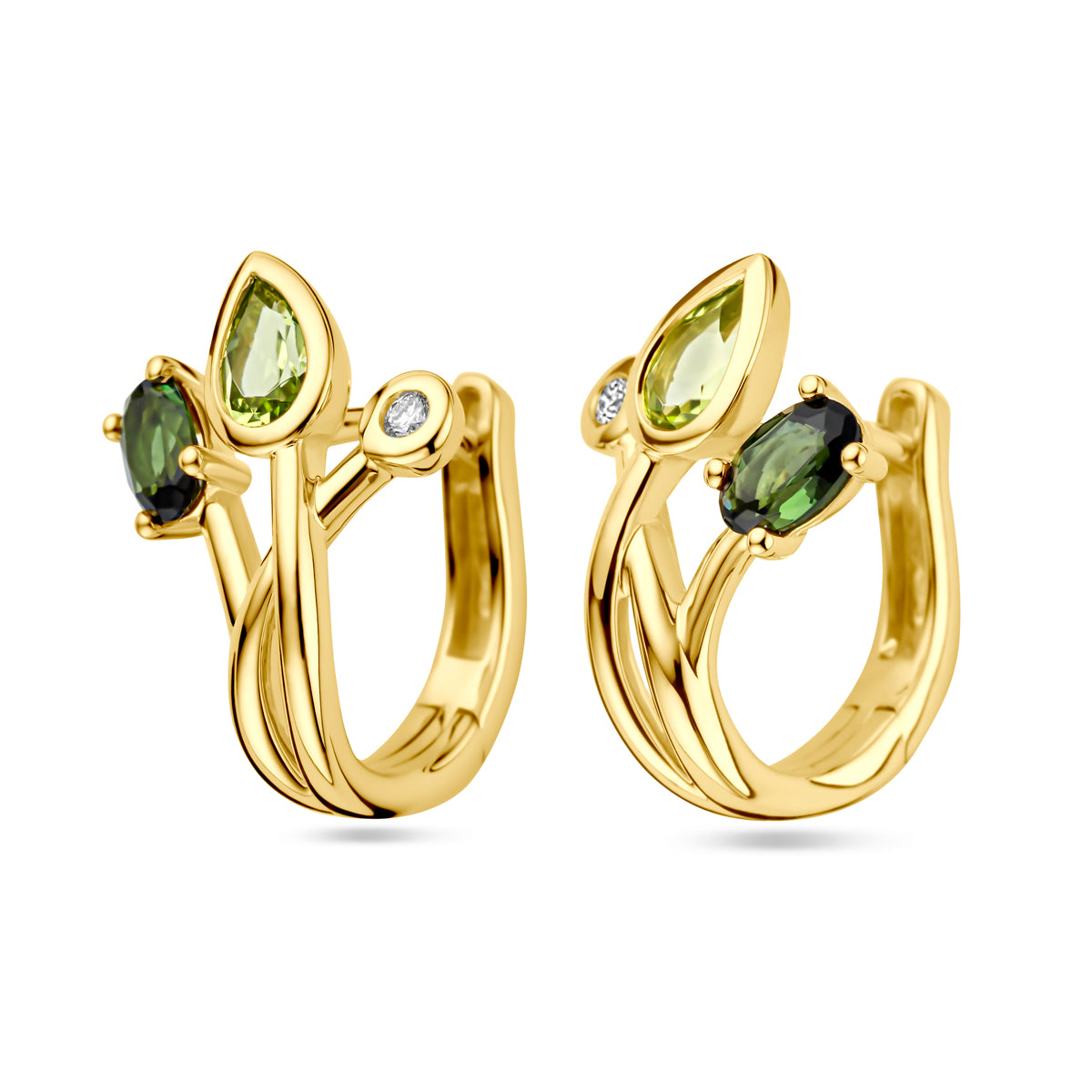 Fantasy Collection Oorbellen groen toermalijn, peridot en diamant 0.03ct (2x 0.015ct) h si 14K geelgoud