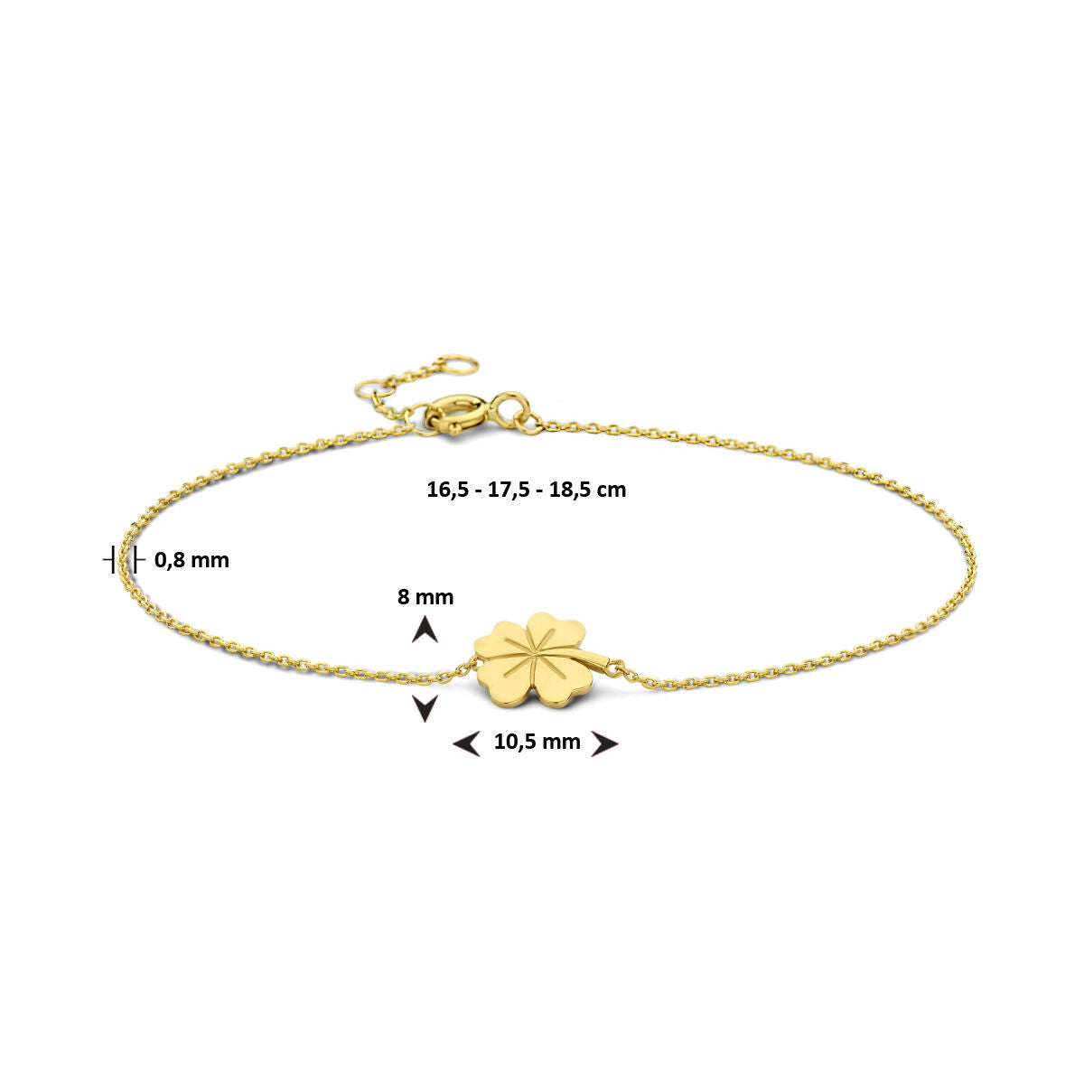 Fantasy Collection 9K armband klavertje 16,5 - 17,5 - 18,5 cm 9K geelgoud