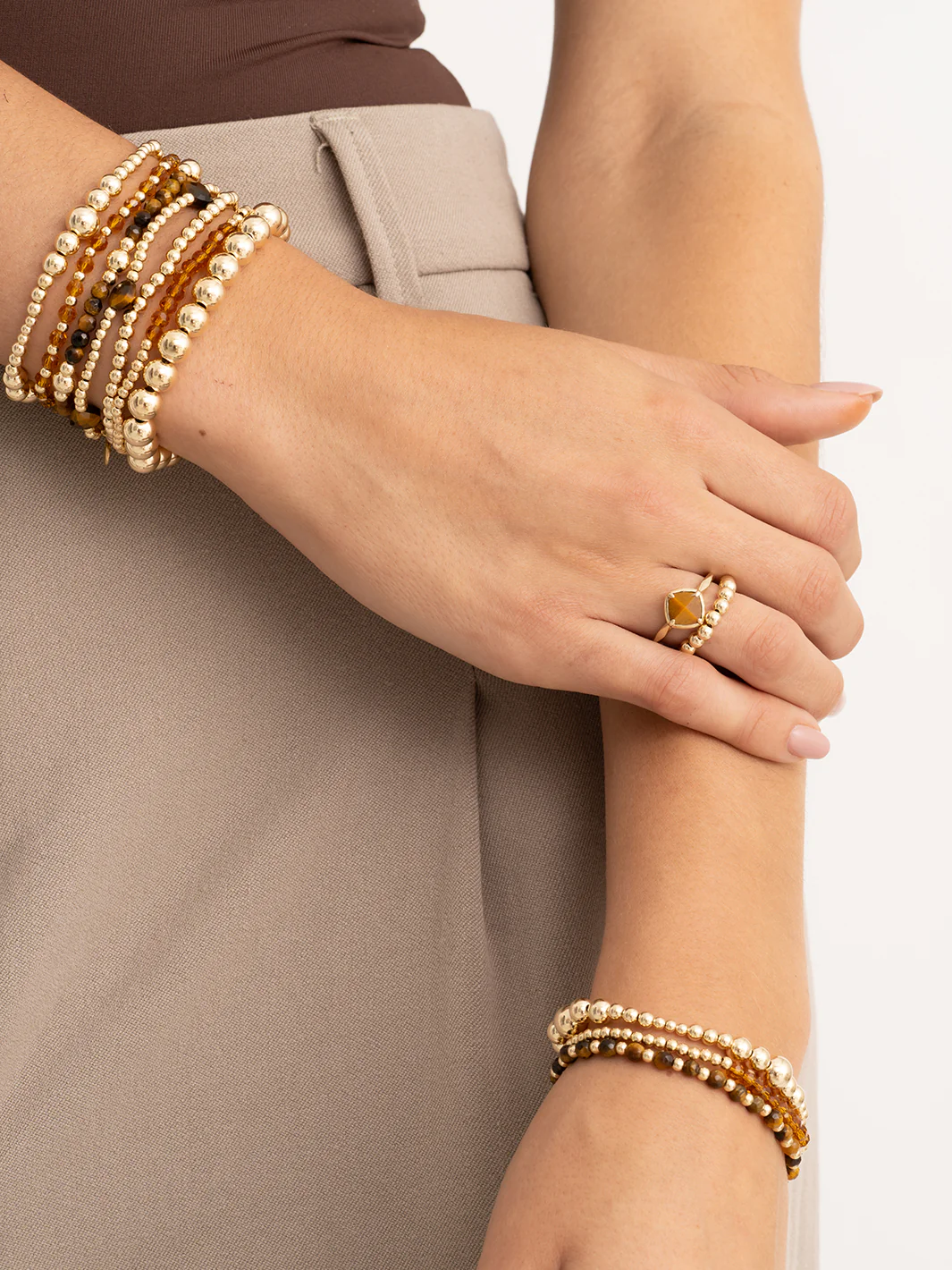 Sparkling Jewels Armband Tijgeroog SBG-GEM09-3MM-MIX Goudkleurig