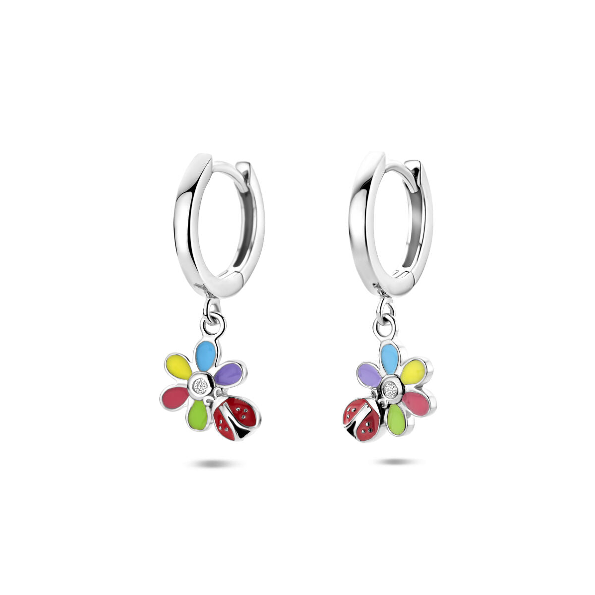 Zilveren gerhodineerde oorringen zirkonia bloem en lieveheersbeestje 22 mm - 1341433