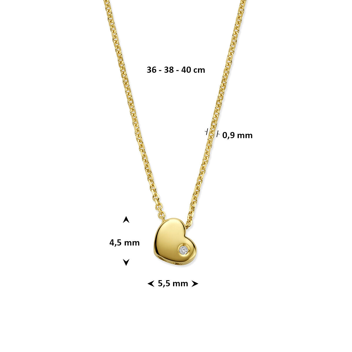 Fantasy Collection Collier hartje lab grown diamant 0.01ct g vs 36 - 38 - 40 cm 14K geelgoud