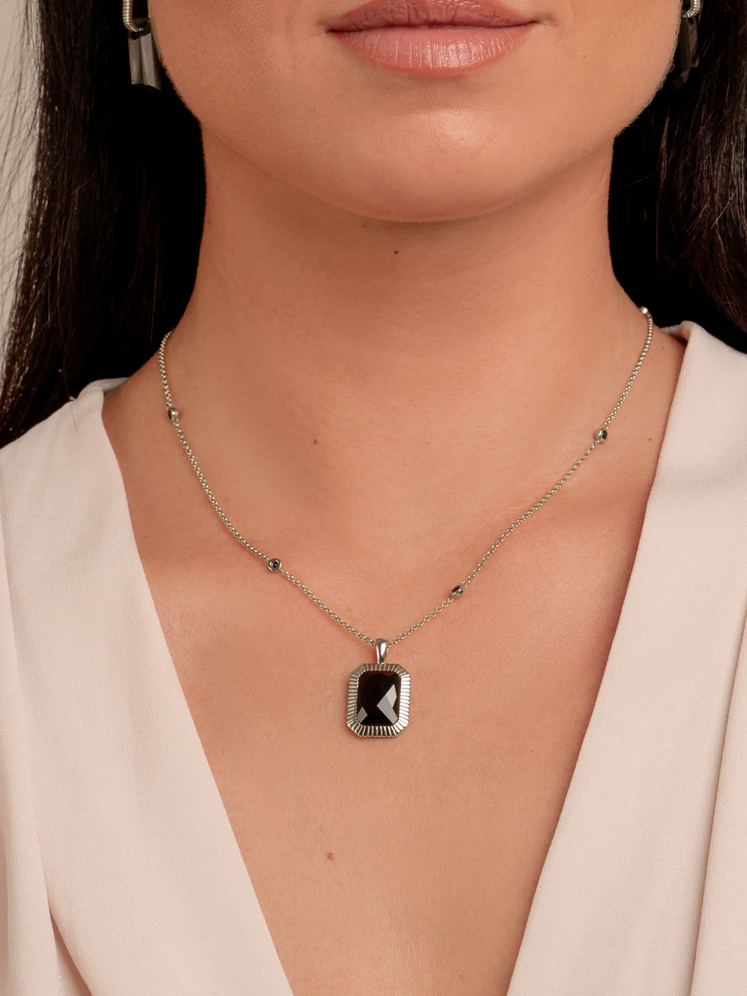 Sparkling Jewels Ketting Black zirkonia beads anchor chain 42cm + 2cm SN CBS zirkonia02 SN-CBS-CZ02 Zilverkleurig