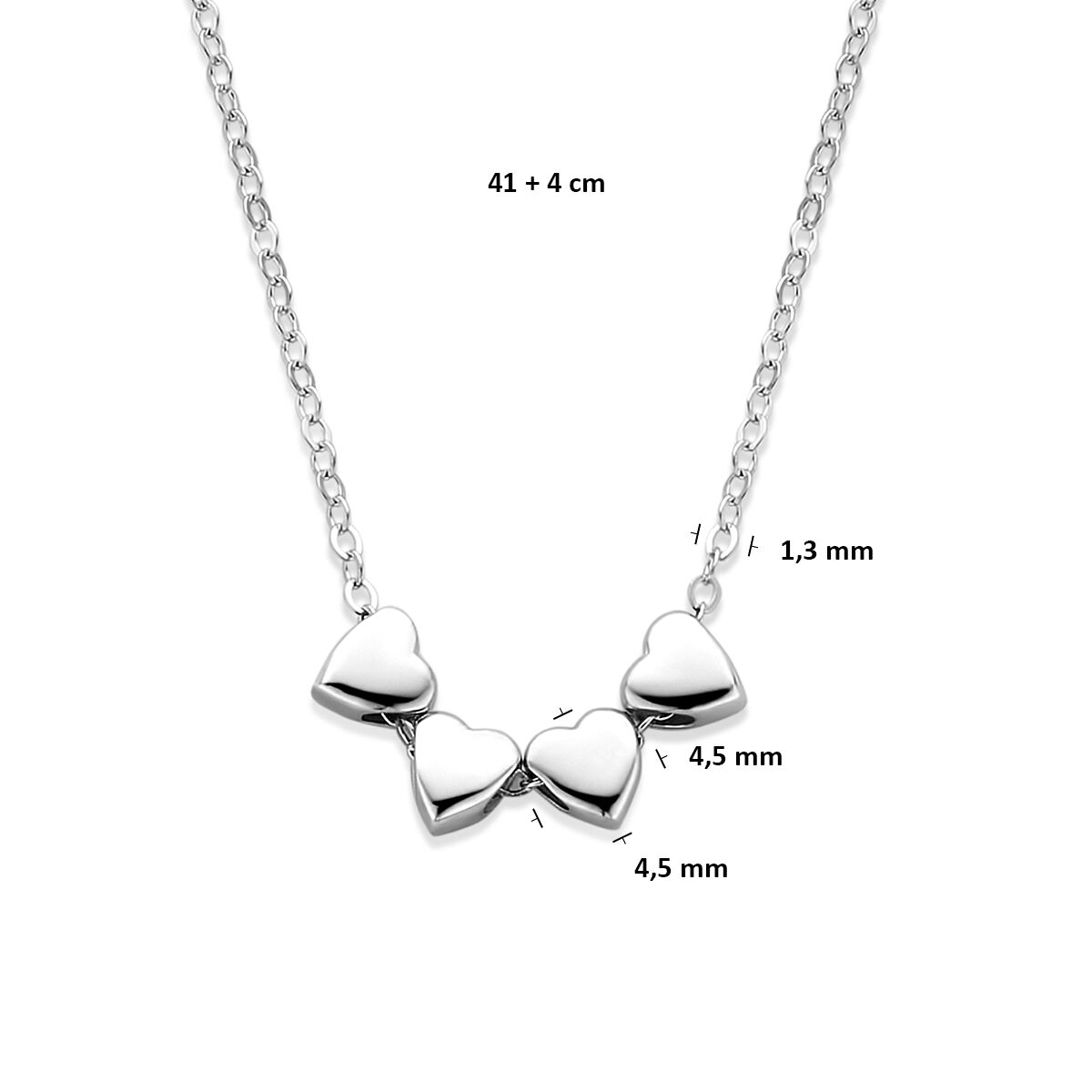 Fantasy Collection Collier 4 hartjes 41 + 4 cm zilver