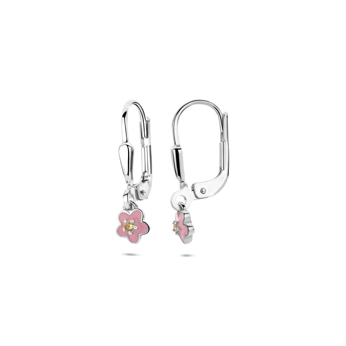 Zilveren gerhodineerde oorhangers emaille bloem brisur haak zirkonia 19 mm - 1341316