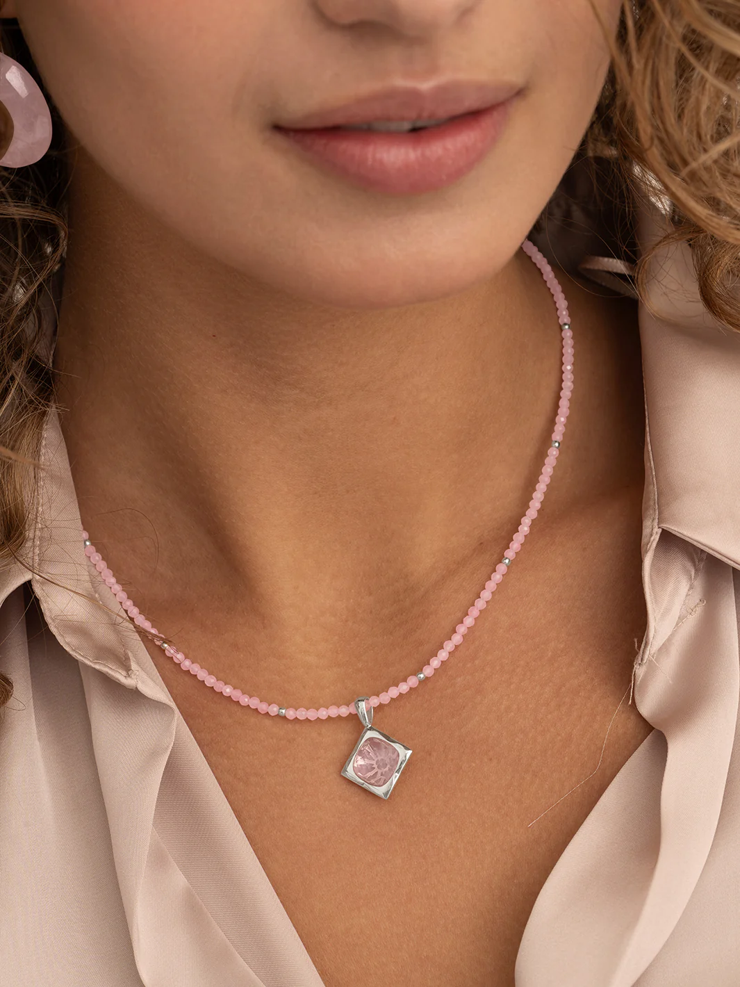 Sparkling Jewels Ketting 2mm Rozenkwarts 42cm +2cm NLK04S-G13 Zilverkleurig