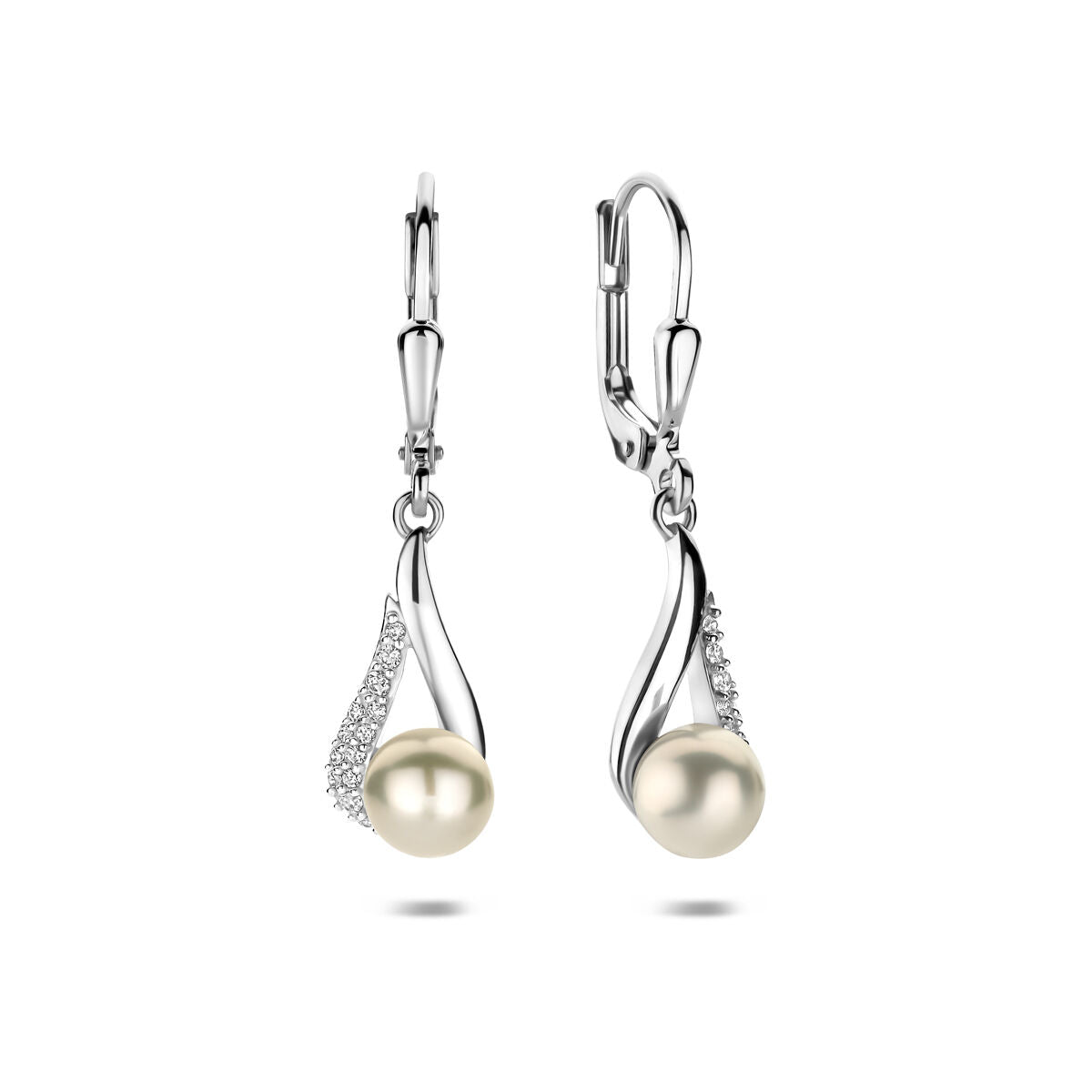 Zilveren gerhodineerde oorhangers parel zirkonia brisur haak 30 mm - 1341849