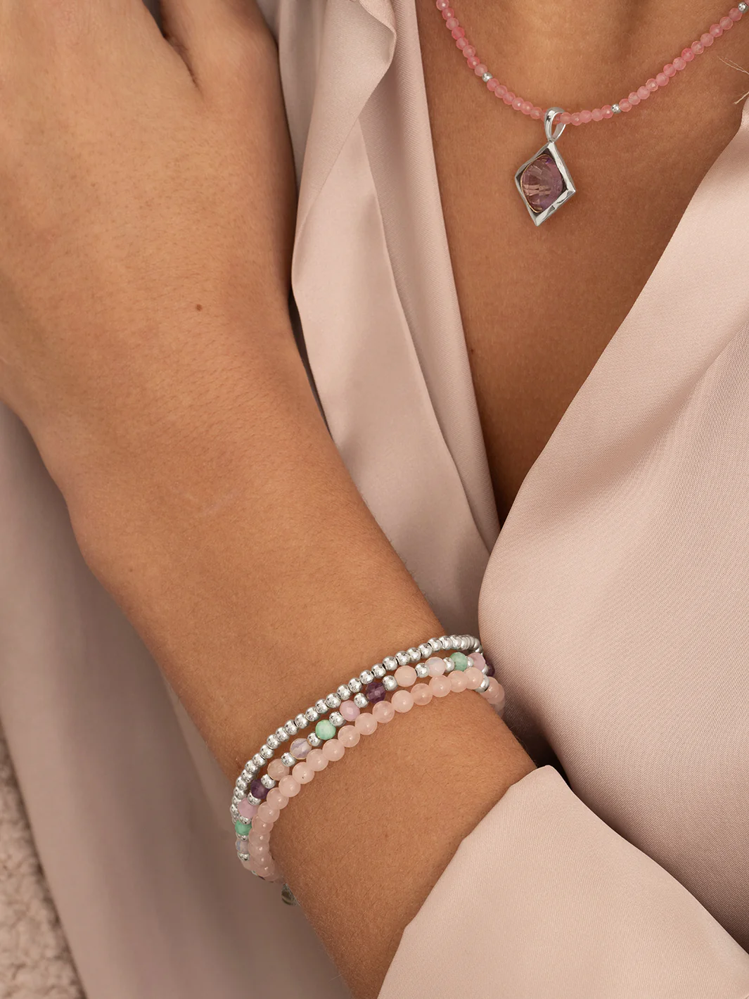 Sparkling Jewels Armband Rozenkwarts SB-GEM13-ADD-4MM Zilverkleurig