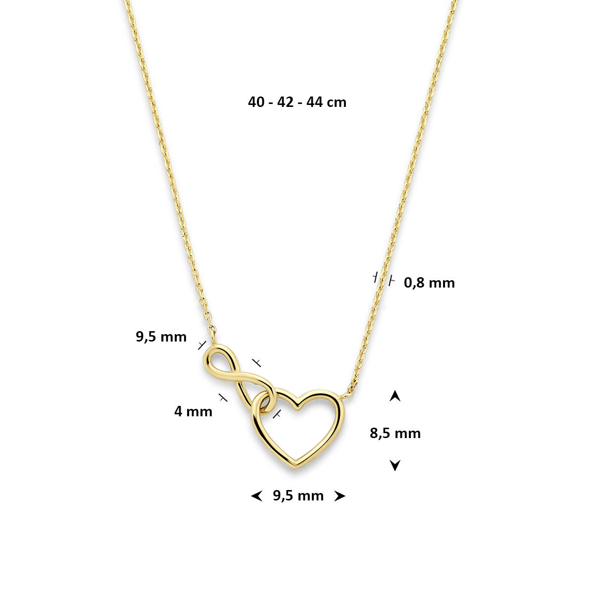 Fantasy Collection Collier hartje en infinity 40 - 42 - 44 cm 14K geelgoud