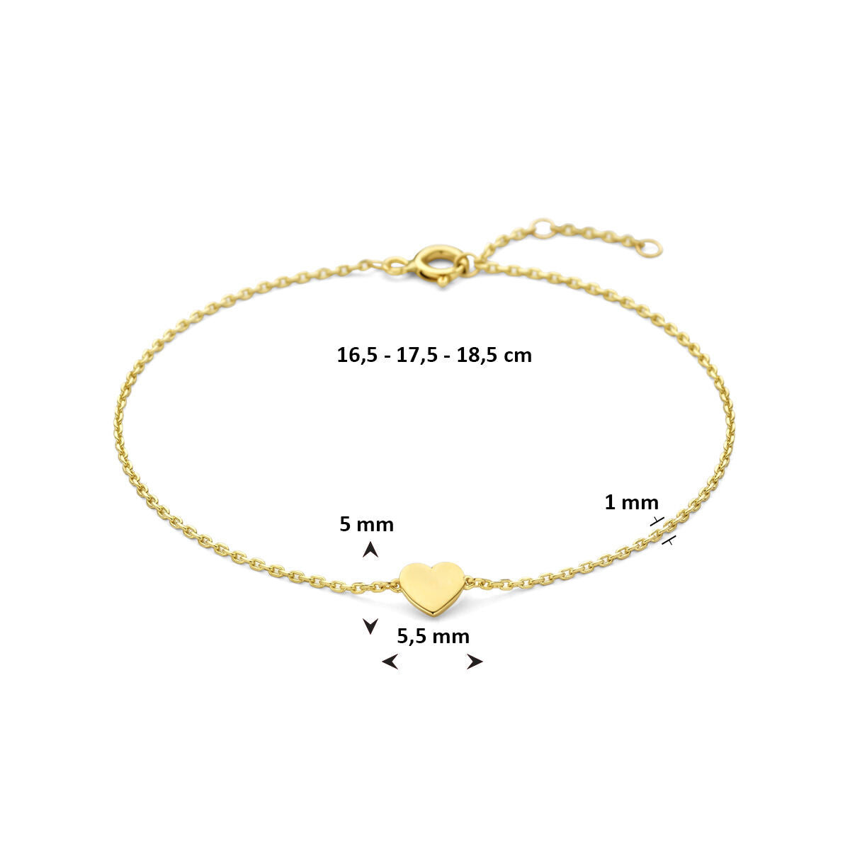 Fantasy Collection Armband hartje 16,5 - 17,5 - 18,5 cm 14K geelgoud