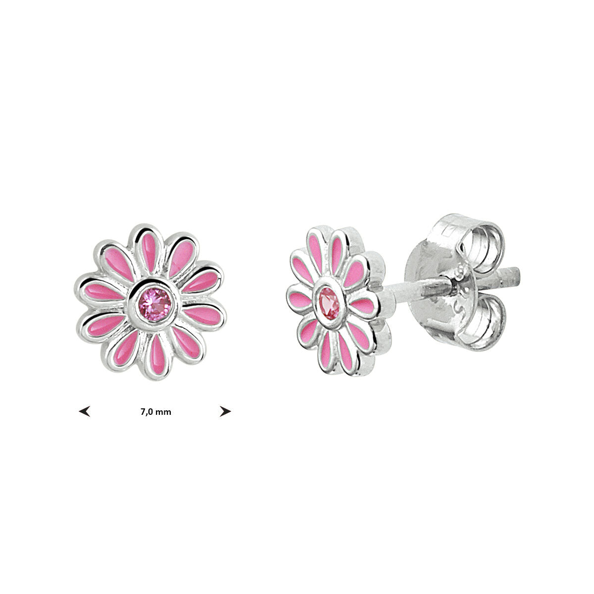 Fantasy Collection Oorbellen emaille bloem roze zirkonia 7 mm zilver