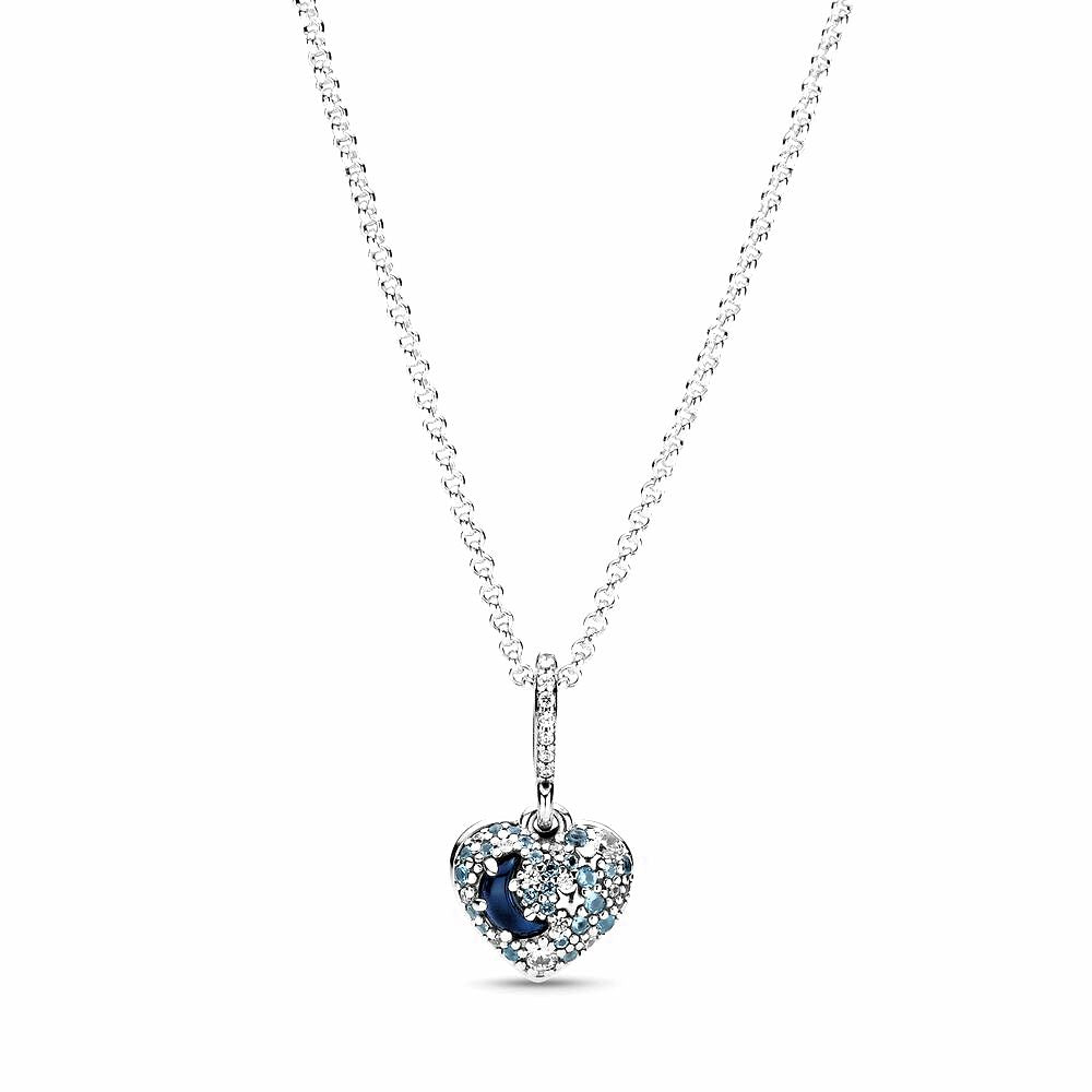 Pandora Sparkling Blue Moon & Stars Heart Necklace zilver halsketting - 399232C01
