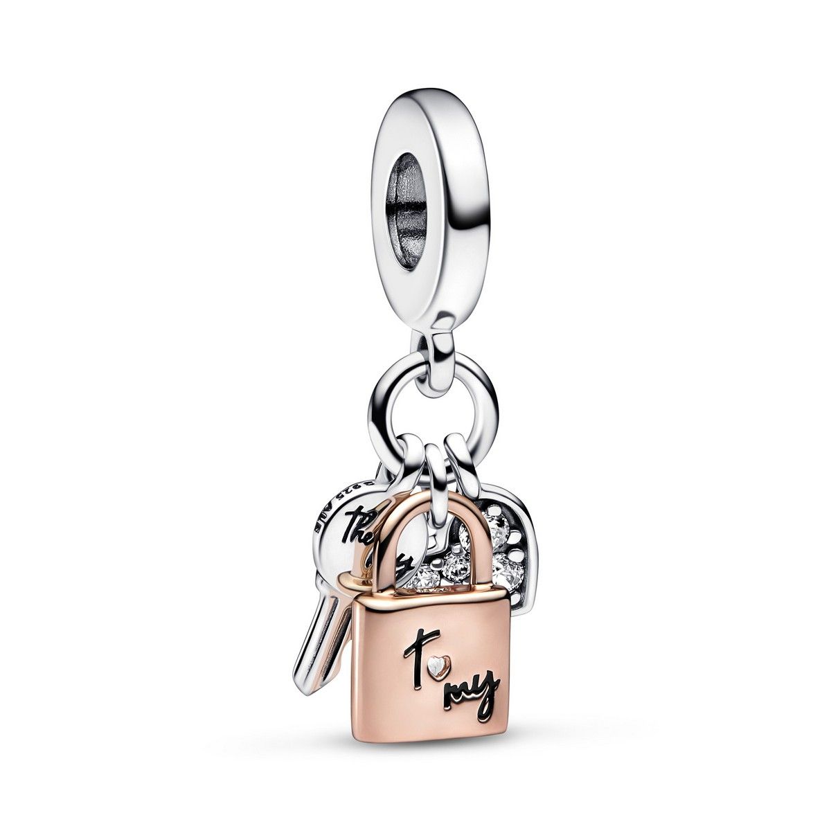 Pandora Drievoudige Sleutel, Hangslot & Bicolor Hart Bedel zilver en roségoudverguld - 782506C01