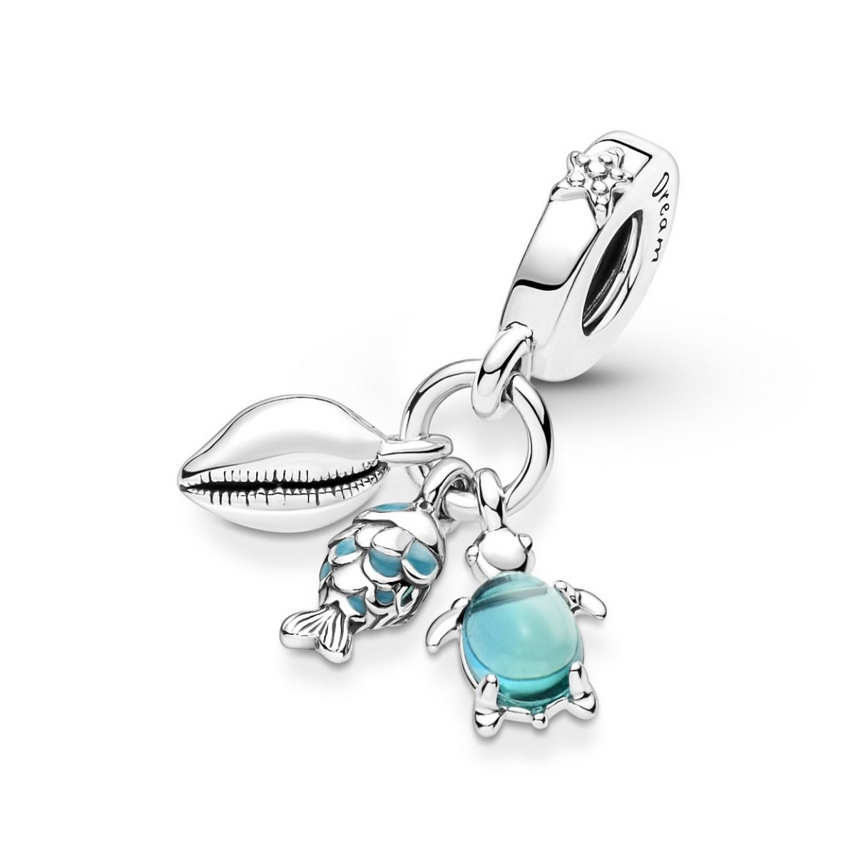 Pandora Fish, Sea Turtle & Conch Triple Dangle Charm zilver - 791697C01