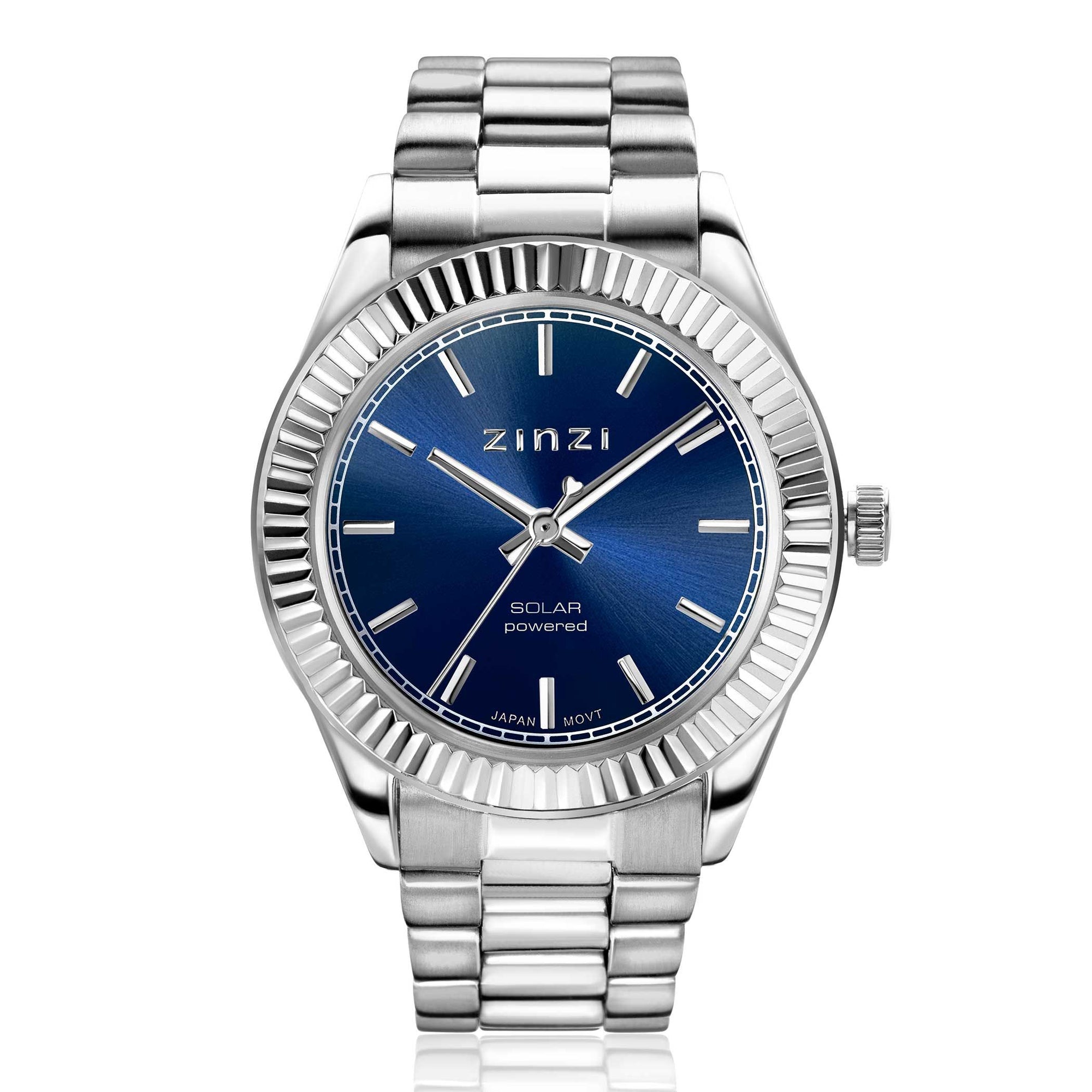 ZINZI Solaris horloge ZIW2155 met blauwe wijzerplaat en stalen band, zonne-energie aangedreven.