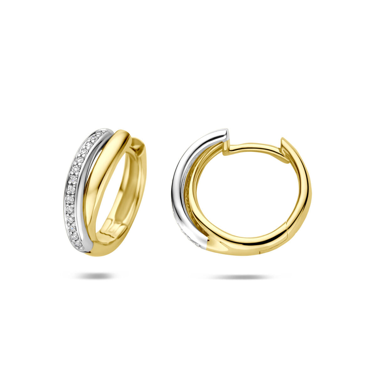 Klapoorringen diamant 0.09ct (2x 0.045ct) h si 14K bicolor goud 14 mm