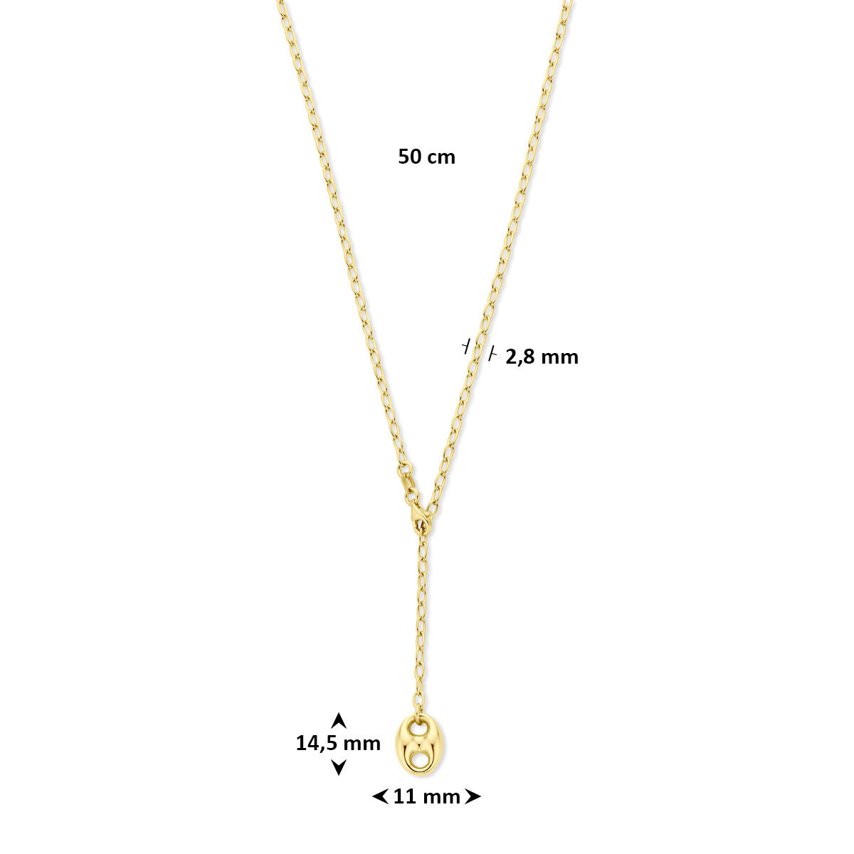 Fantasy Collection Y-collier koffieboon 50 cm 3 micron zilver verguld (geel)