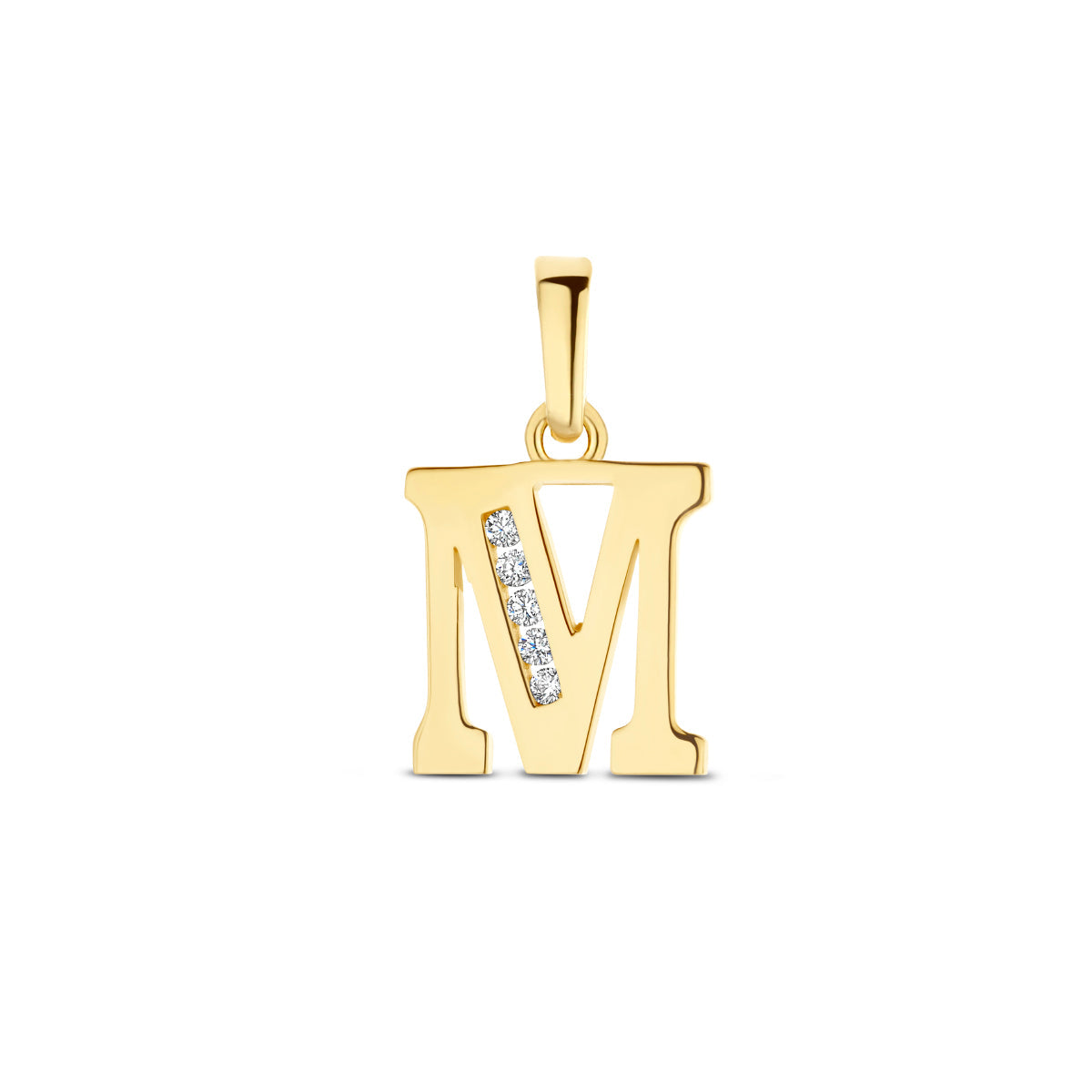 Hanger letter M zirkonia 14 mm 14K geelgoud #Letter_M