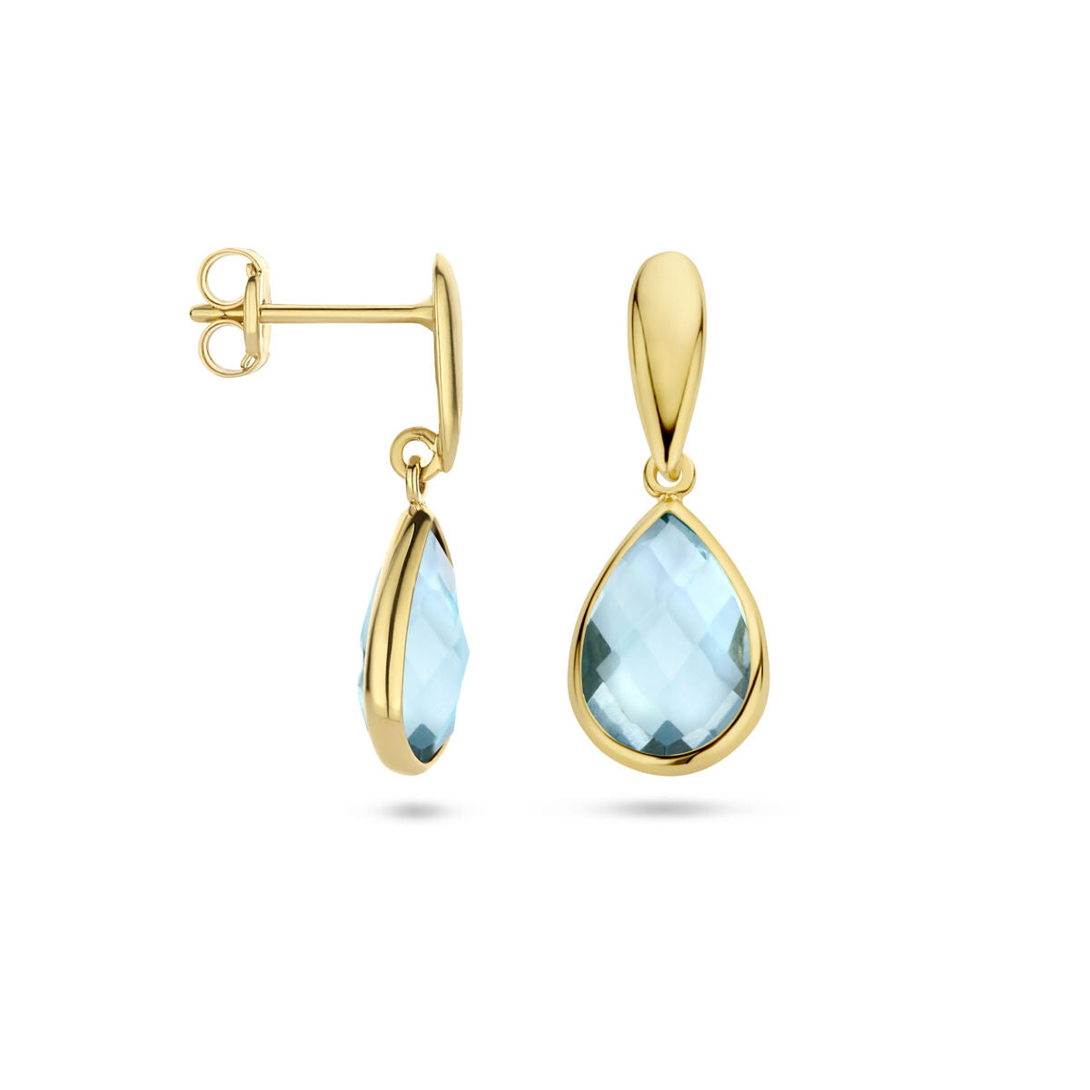 Oorhangers blauw topaas 9K geelgoud 20 mm