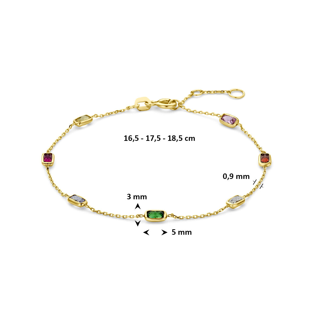 Armband gekleurd zirkonia 9K geelgoud 16,5 - 17,5 - 18,5 cm