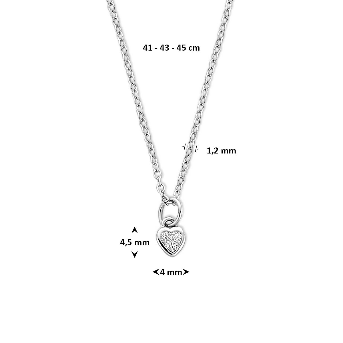 Collier hartje zirkonia 41 - 43 - 45 cm zilver gerhodineerd