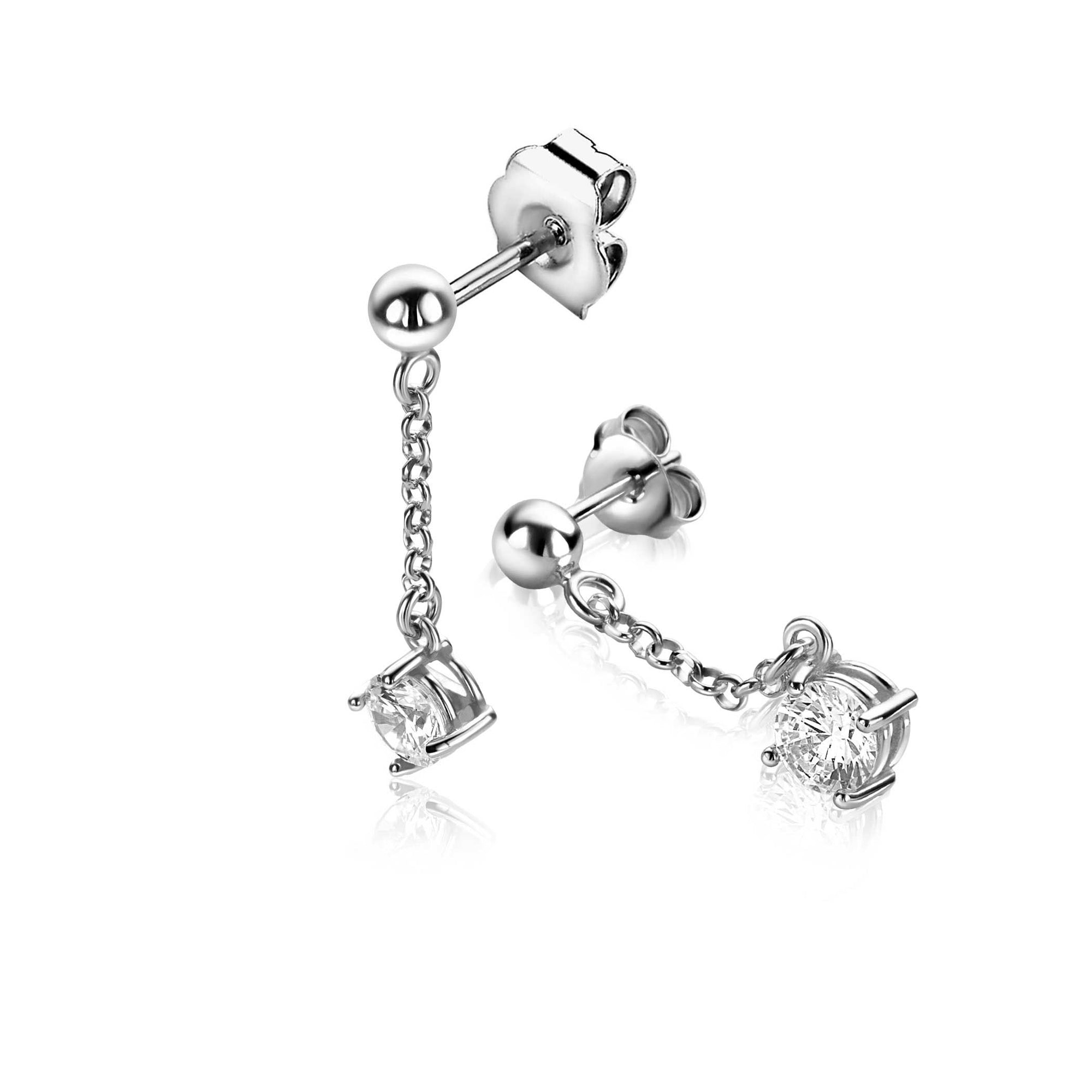 Zinzi 26mm zilveren oorstekers met kettinkje en een bungelende ronde witte zirkonia ZIO2660 - PansiteNederland.nl
