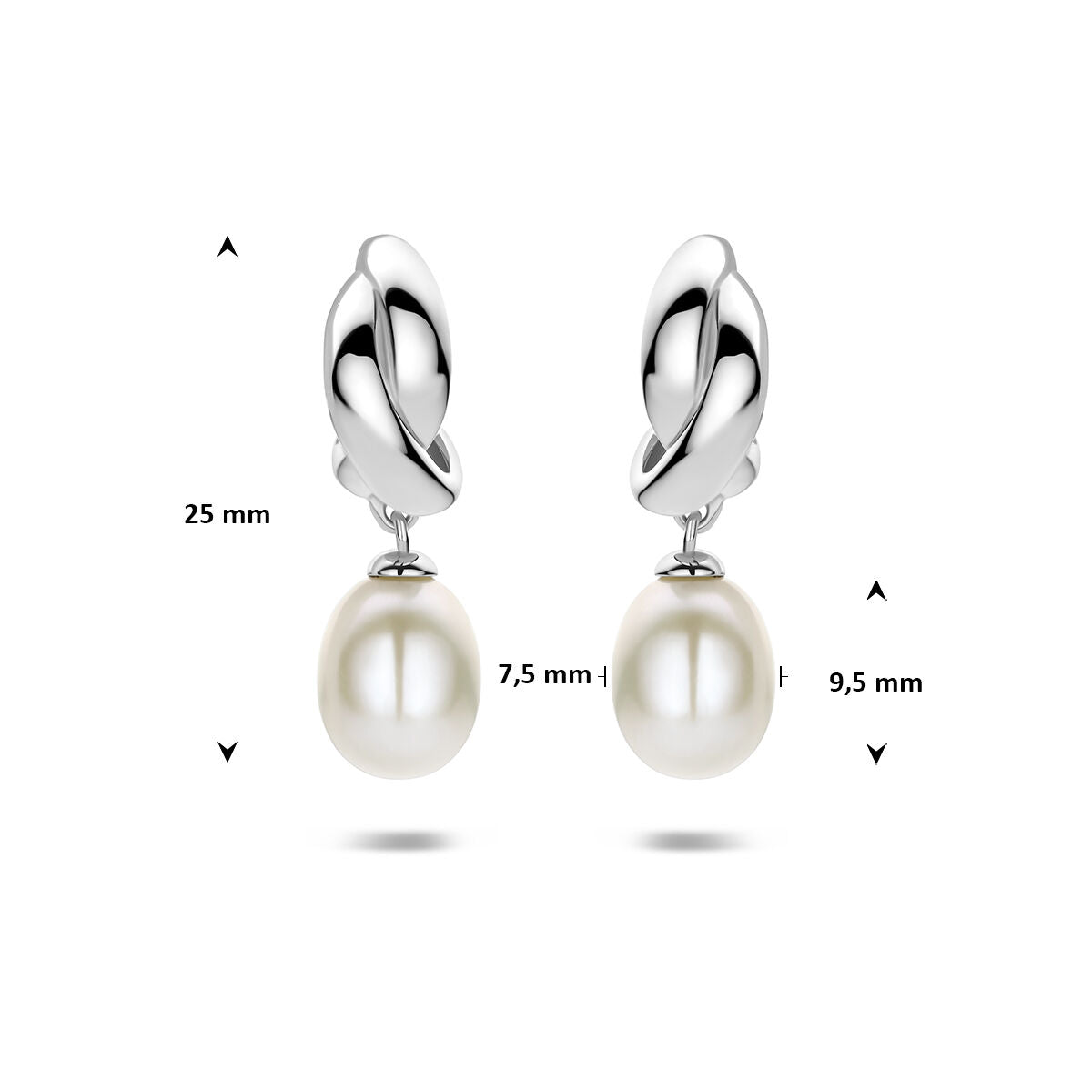 Stekeroorringen parel zilver gerhodineerd 25 mm