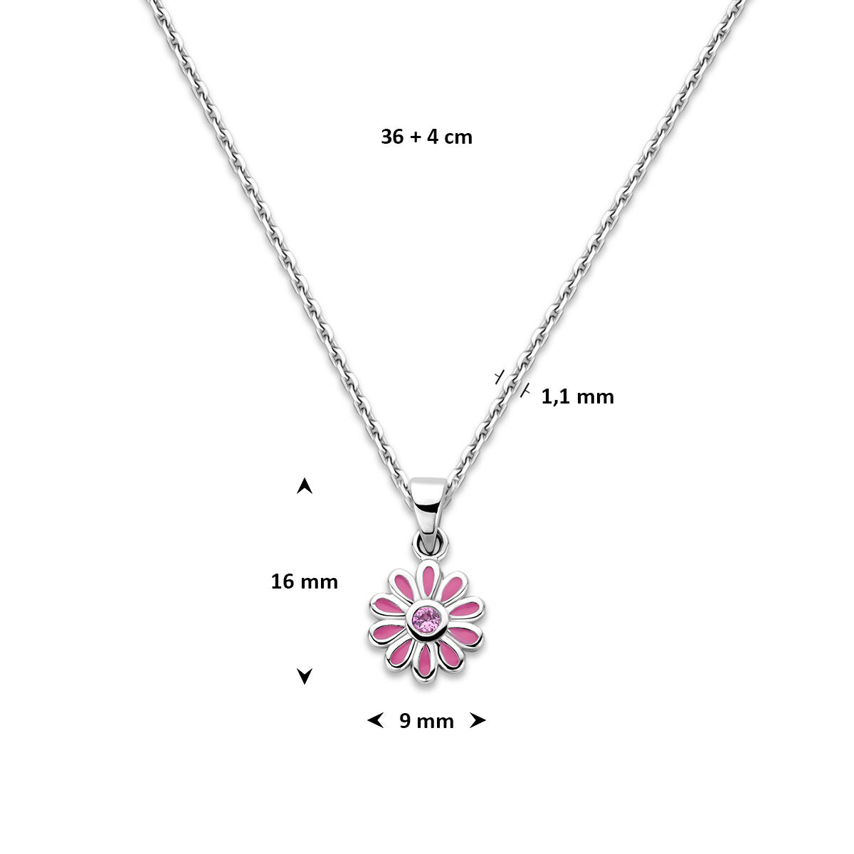 Collier emaille bloem zirkonia 36 + 4 cm zilver gerhodineerd