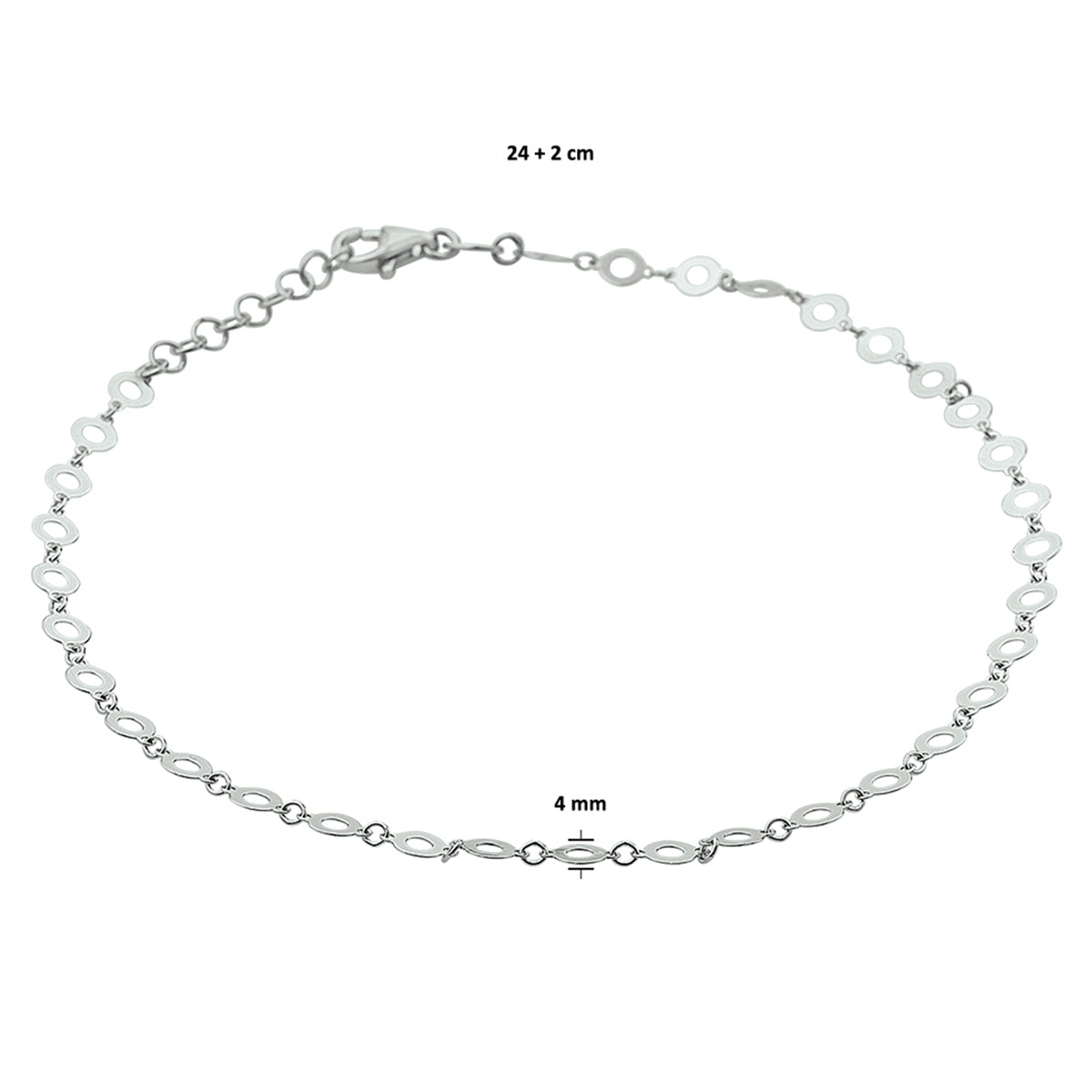 Enkelbandje 4,0 mm 24 + 2 cm zilver gerhodineerd