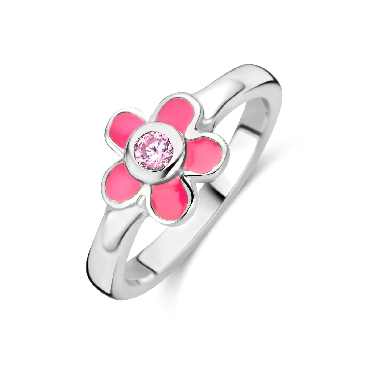 Ring bloem roze zirkonia emaille zilver gerhodineerd