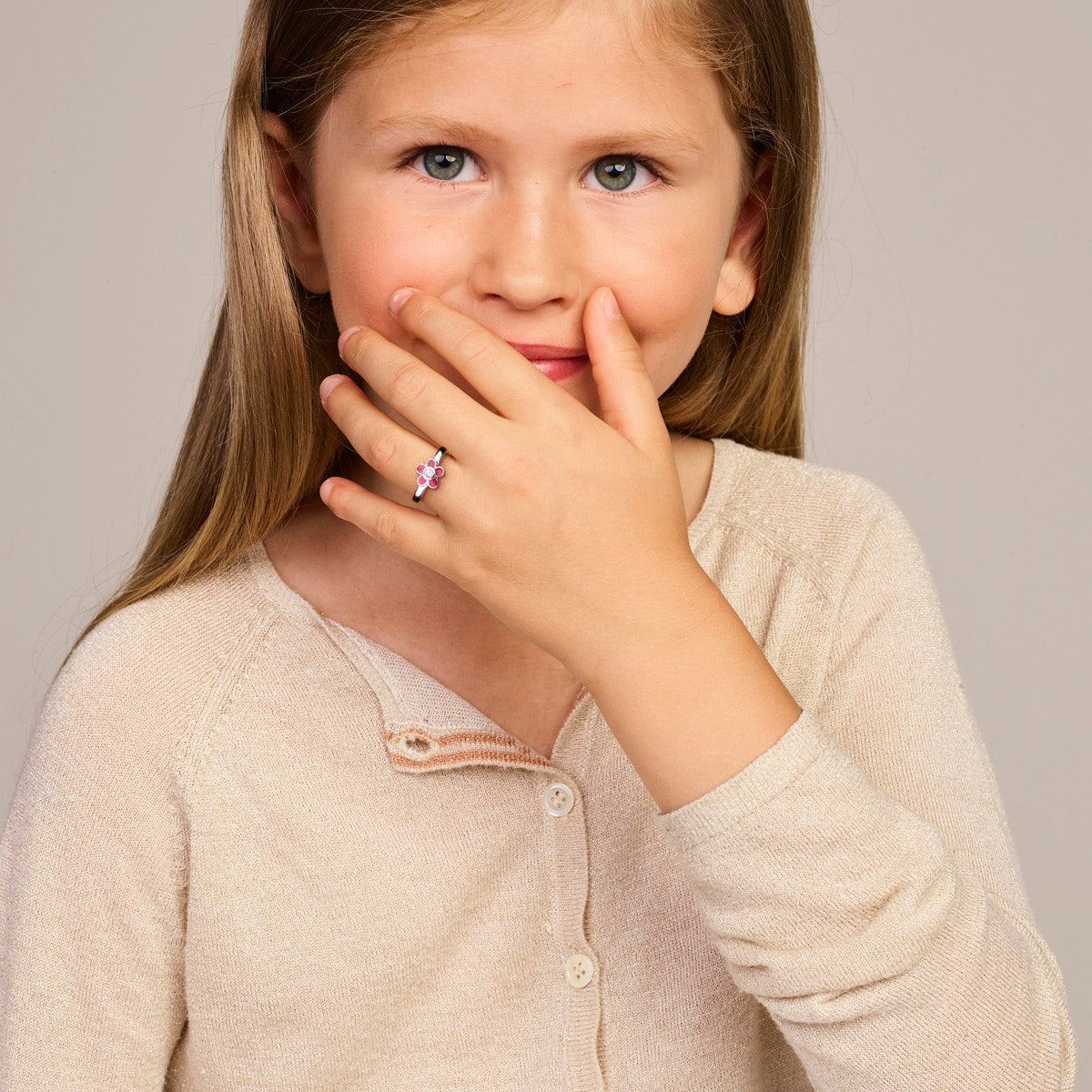 Ring bloem roze zirkonia emaille zilver gerhodineerd
