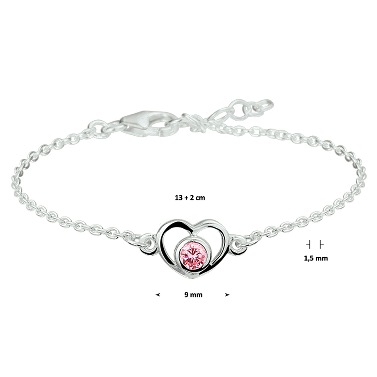 Armband hart en zirkonia 13 - 15 cm zilver gerhodineerd