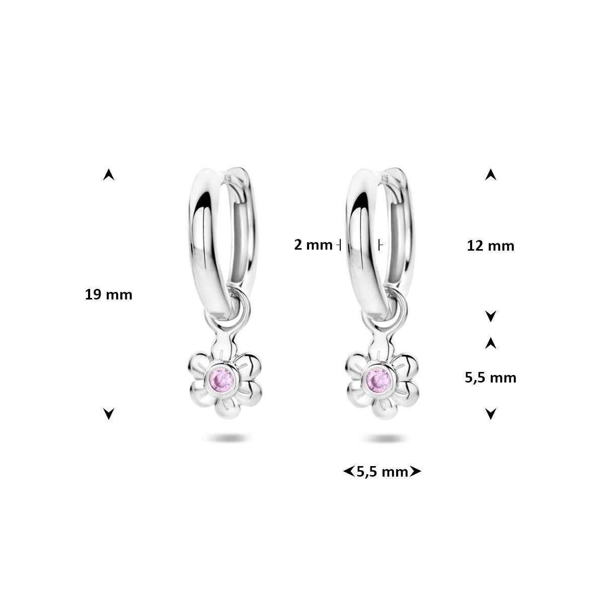 Oorbellen bloem roze zirkonia 12 mm zilver