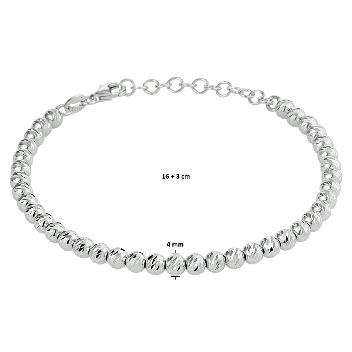 Zilver Gerhodineerd Armband Bolletjes Gediamanteerd 4,0 Mm 16 + 3 Cm 1332247 - PansiteNederland.nl